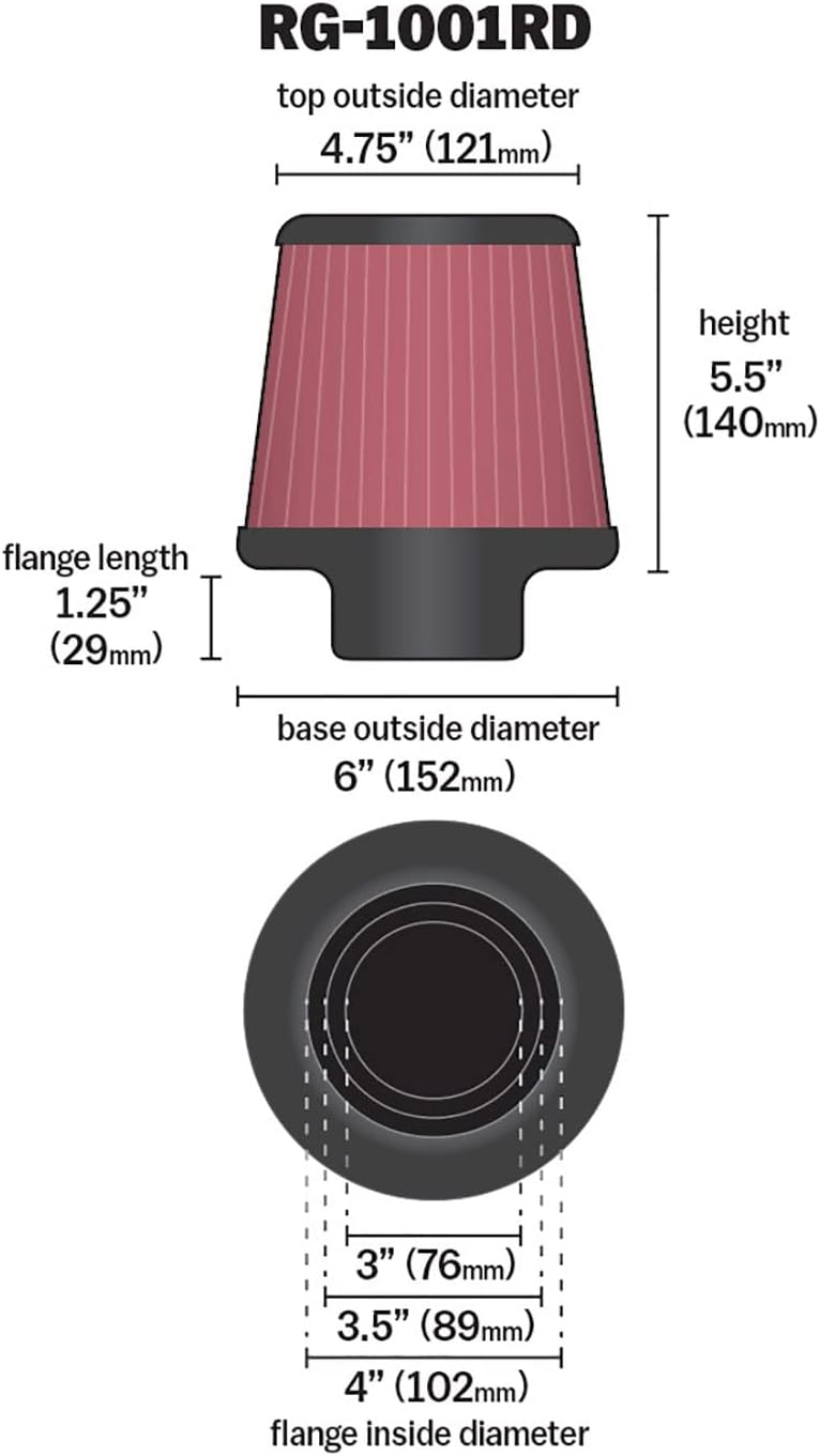 K&N High-Flow Original Lifetime Universal Clamp-On Air Filter: High Performance, Premium: Flange Diameter: 4 In, Filter Height: 5.5 In, Flange Length: 1.125 In, Shape: Round Tapered, RG-1001RD