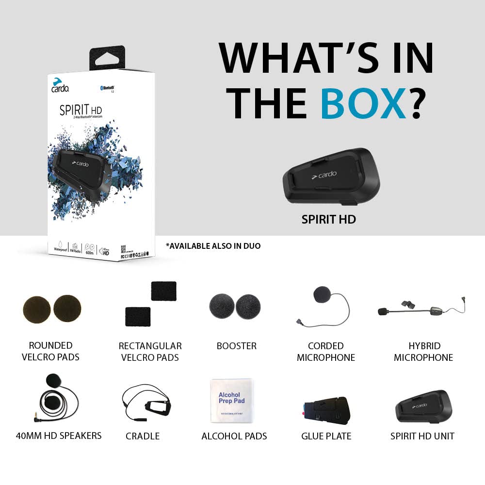 Cardo Systems Spirit Motorcycle Bluetooth Communication Headset, 2-Way Bluetooth, Thin 32mm Speakers, Waterproof, Universal Connectivity - Single Pack