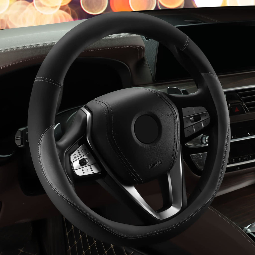 HOTOR Car Leather Steering Wheel Cover, Universal 14.5"-15",Black