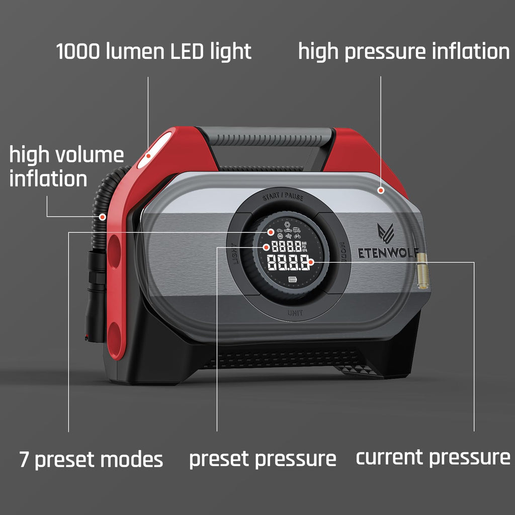 ETENWOLF VORTEX S6 Tire Inflator Portable Air Compressor, Cordless Air Pump