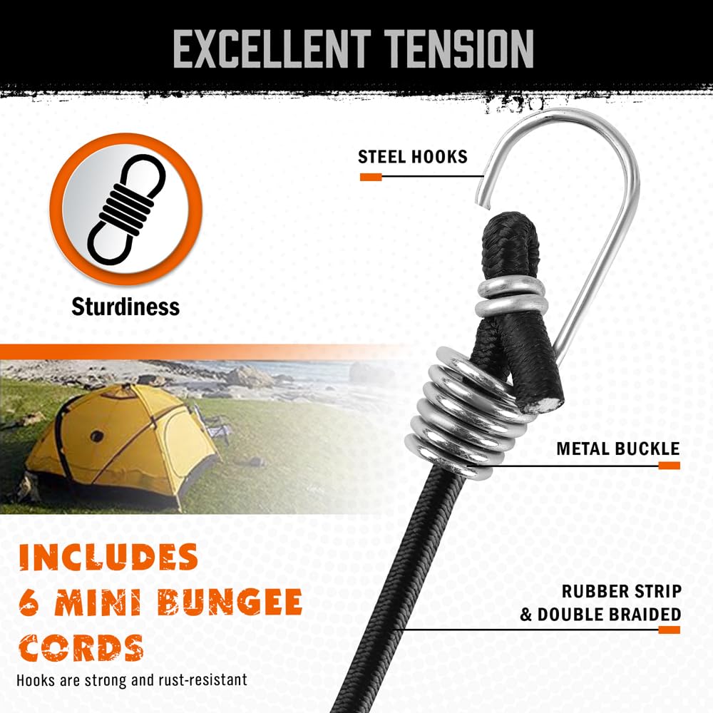 HORUSDY 31-Piece Premium Bungee Cords Assortment Jar, Includes 10”,18”,24”,32”,40” Bungee Cords, 6“ Zip Ties, 8”Canopy/Tarp Ball Ties and Crocodile Mouth Tarp Clips