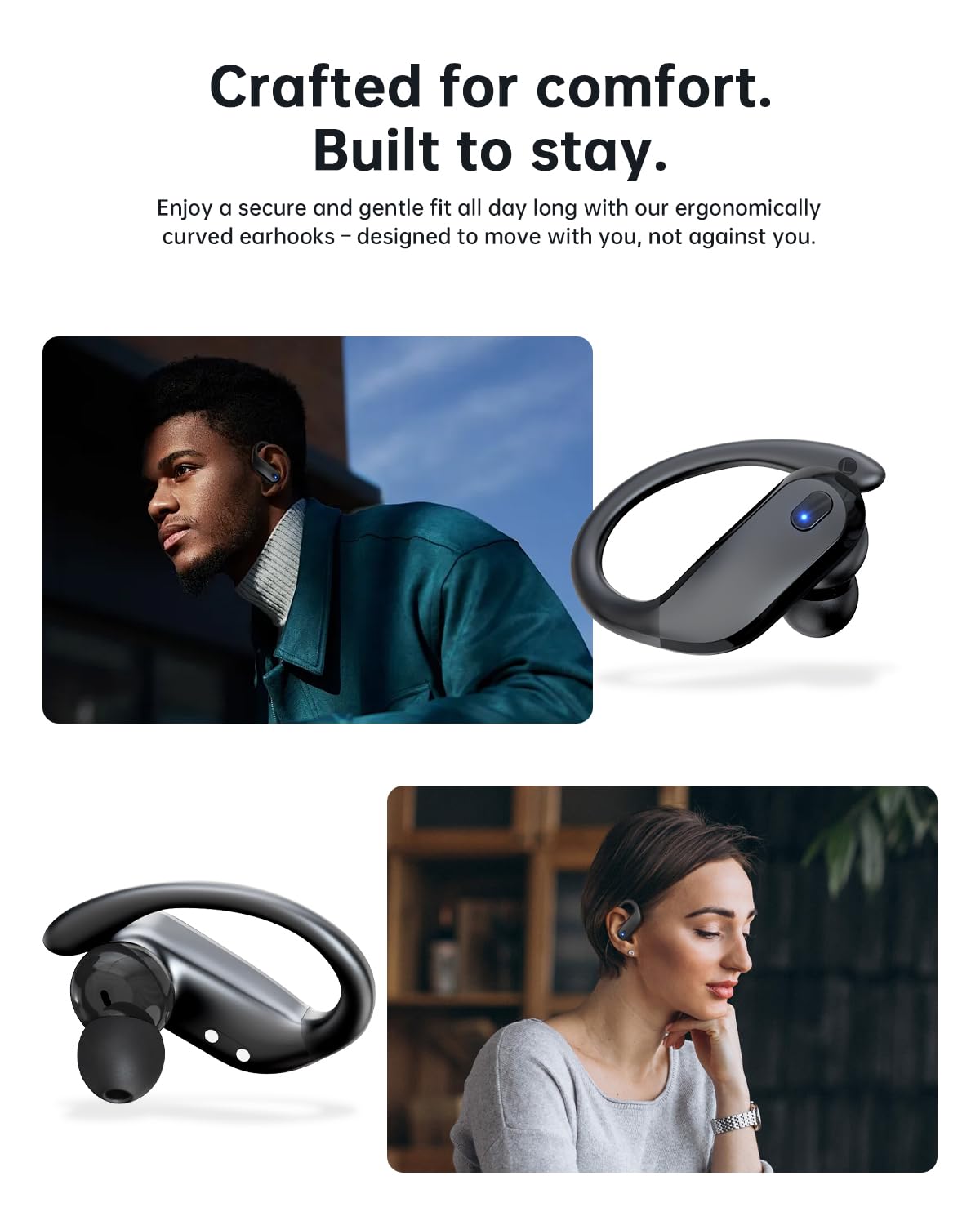 Sports Wireless Earbuds with EarHooks Bluetooth Headphones with ENC Mic