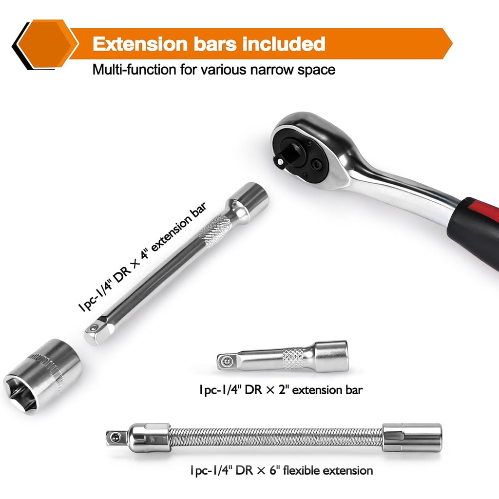 Egofine 46 Pieces 1/4 inch Drive Socket Ratchet Wrench Set, with Bit Socket Set Metric and Extension Bar for Auto Repairing and Household, with Storage Case
