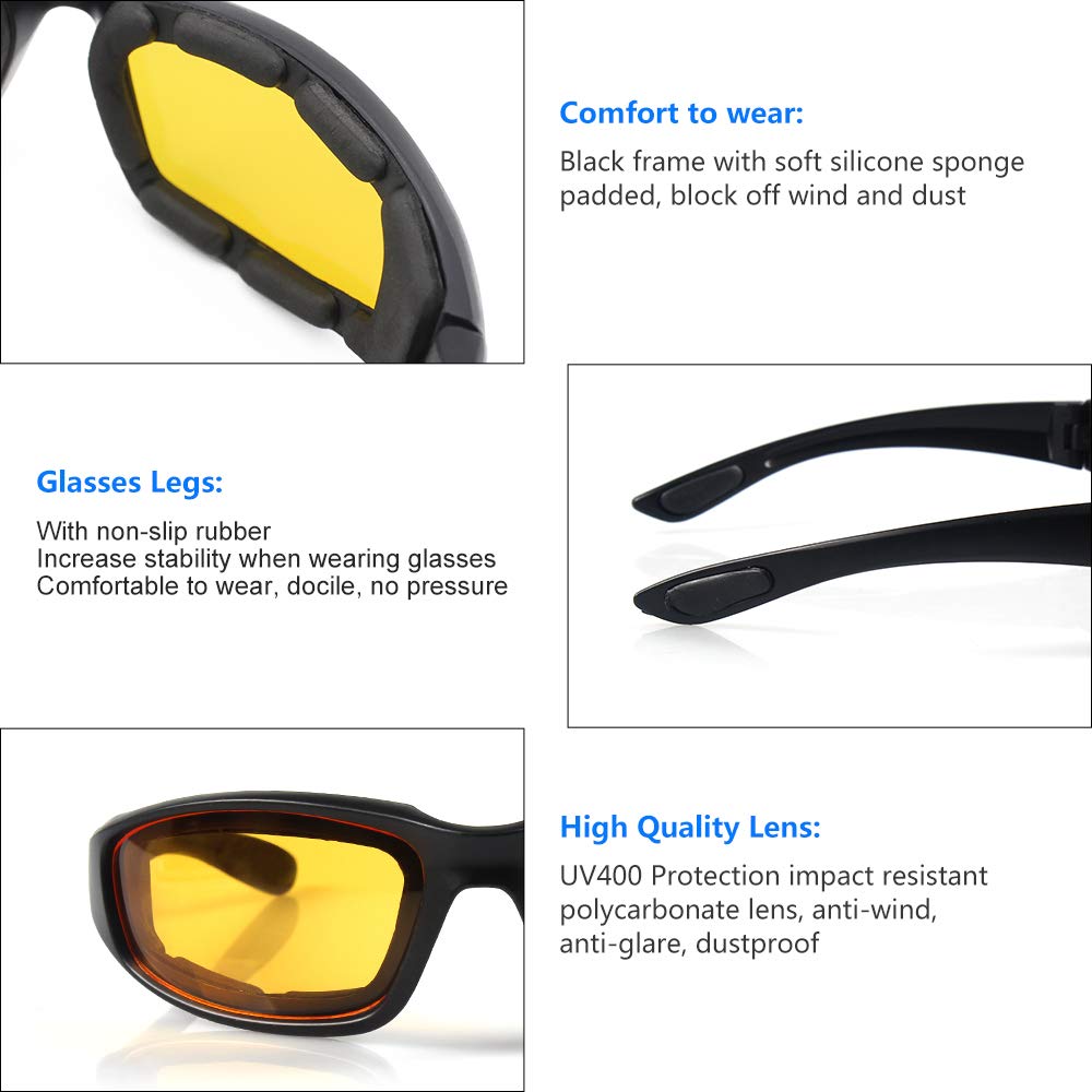 3 Pair Motorcycle Riding Glasses Padding Goggles UV Protection Dustproof Windproof Motorcycle Sunglasses for Outdoor Actives