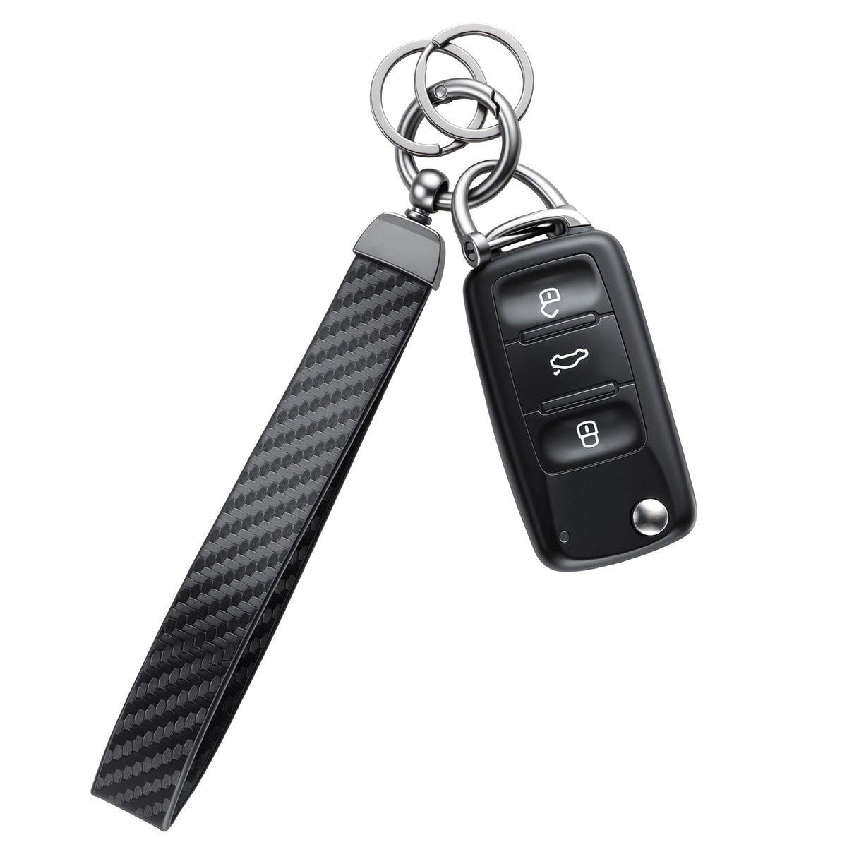 JUSTTOP Leather Keychain, Carbon Fiber Car Key Chain with Anti-Lost D-Ring and 2 Key Ring, Keychain Wristlet, Car Accessories, Universal Keychain for Men and Women (Black)