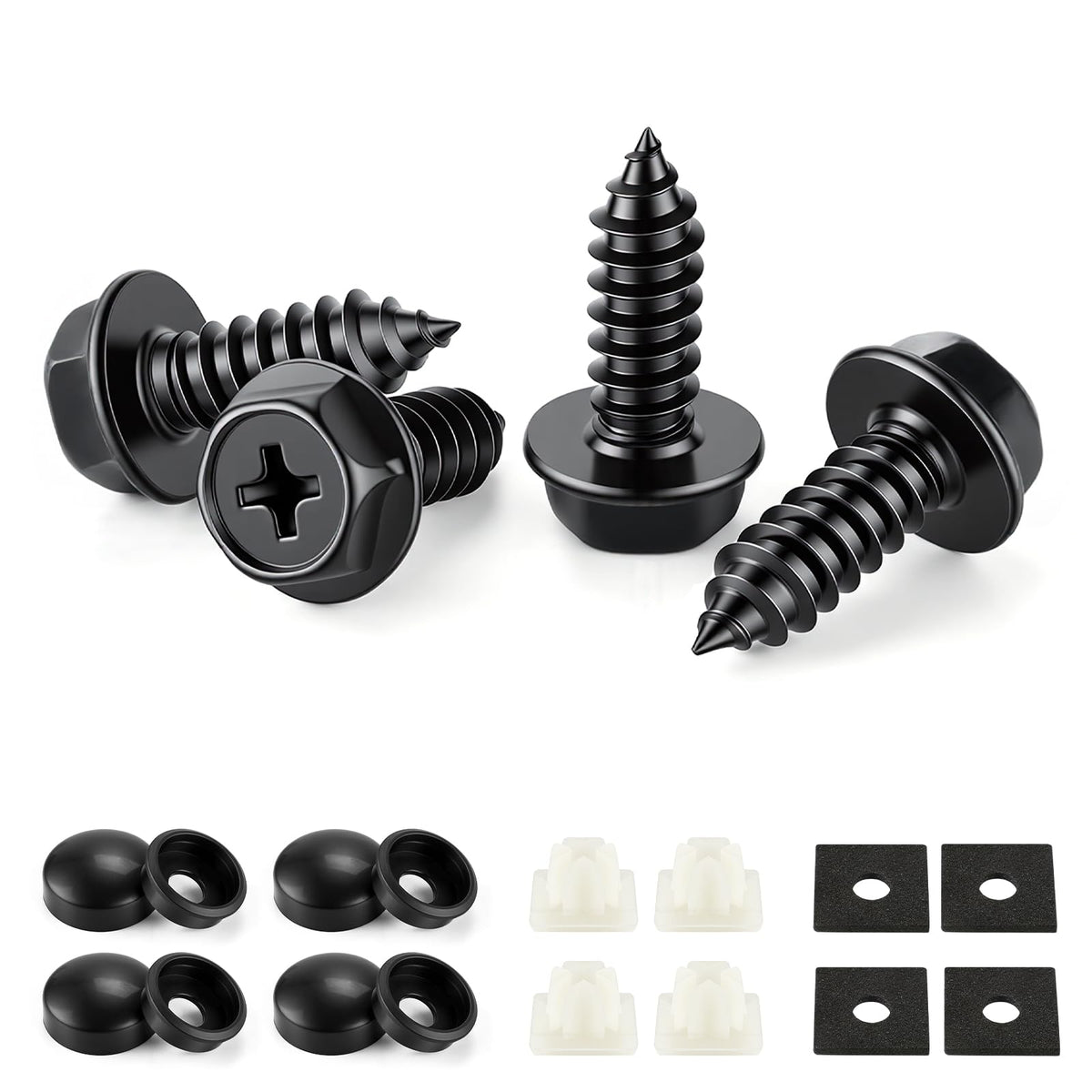 LivTee Rustproof License Plate Screws for Securing License Plates Frames and Covers on Cars and Trucks, 4 Sets Premium Stainless Steel Self Tapping Mounting Bolts (Black Zinc Plated)