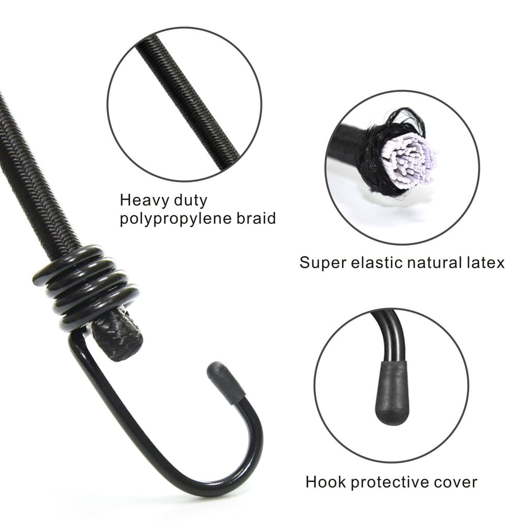 BEXSLE Bungee Cords with Hooks, Heavy Duty Outdoor Elastic Bungee Straps，No Odour Industrial Grade Bungee Rope for Securing Tarps, Luggage, Tents, Bikes or Garden Tidying 24inch 4Pcs (Black)