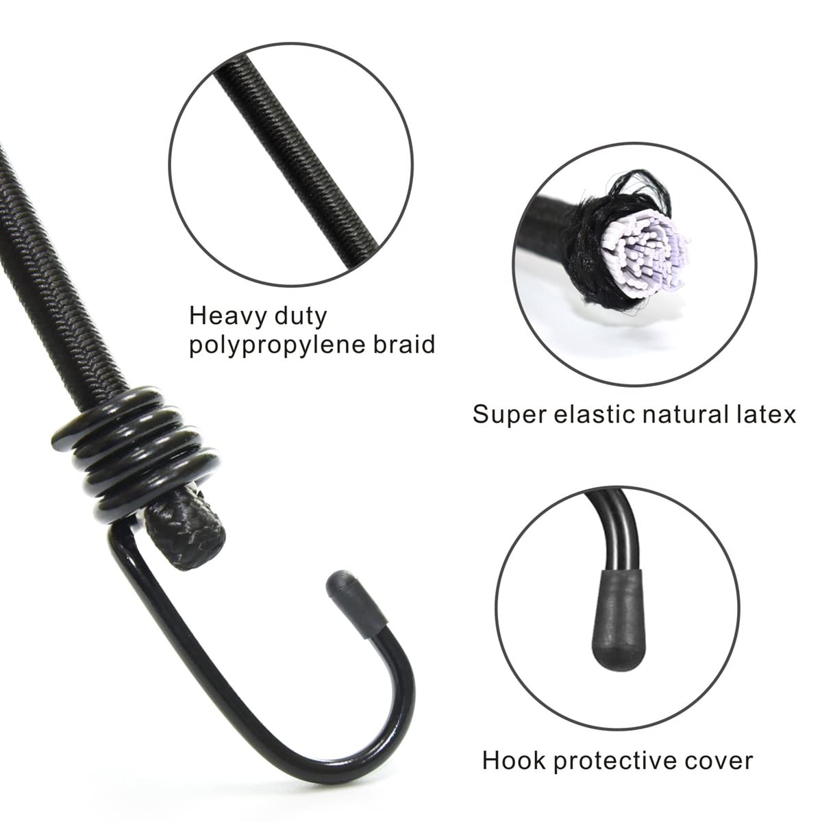 BEXSLE Bungee Cords with Hooks, Heavy Duty Outdoor Elastic Bungee Straps，No Odour Industrial Grade Bungee Rope for Securing Tarps, Luggage, Tents, Bikes or Garden Tidying 24inch 4Pcs (Black)