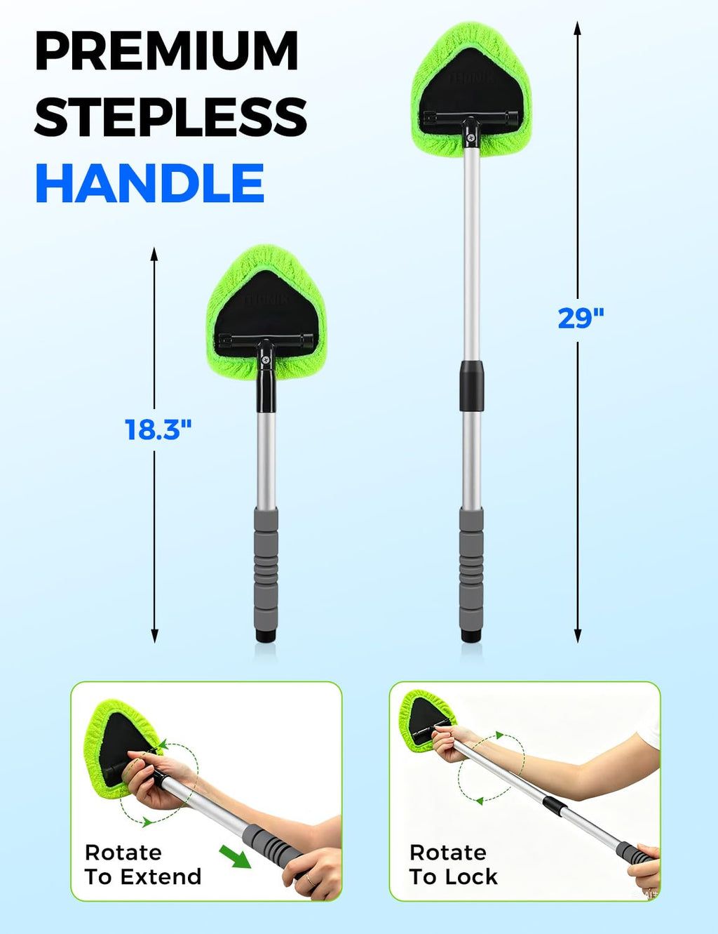 XINDELL Interior Windshield Cleaner Tool – Car Interior Window Cleaning Kit with Extendable Handle & 4 Microfiber Pads, Auto Wiper Inside Compact Windshield Brush for Car & Home Windows