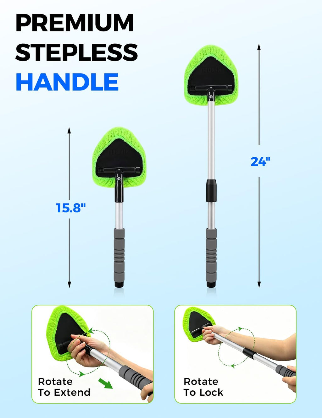 XINDELL Interior Windshield Cleaner Tool – Car Interior Window Cleaning Kit with Extendable Handle & 4 Microfiber Pads, Auto Wiper Inside Compact Windshield Brush for Car & Home Windows