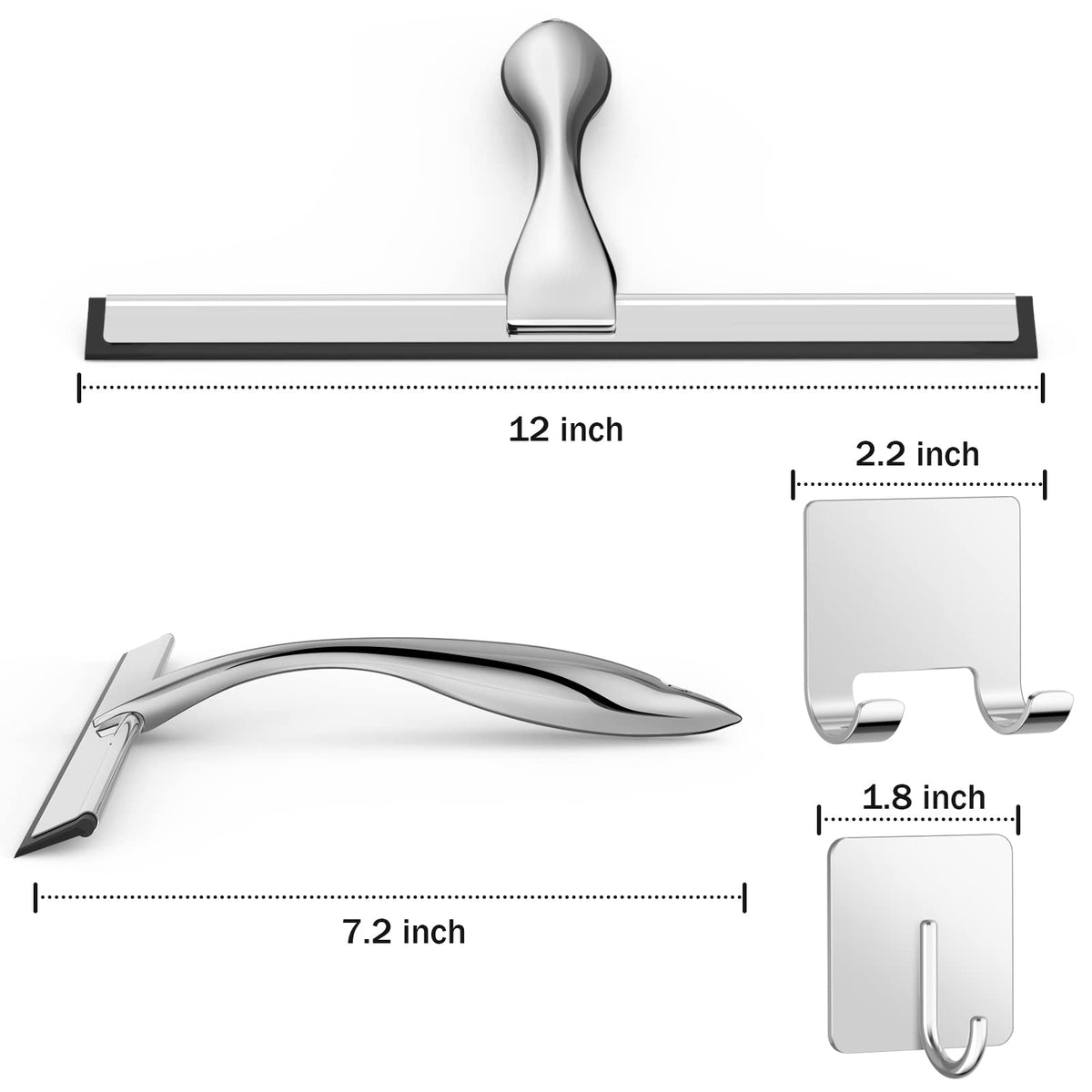 All-Purpose Stainless Steel Shower Squeegee for Shower Glass Door with 2 Adhesive Hooks, Bathroom Cleaner Tool Household Window Mirror Squeegee , Cleaning Tile Wall, Car, 10 Inch Silver