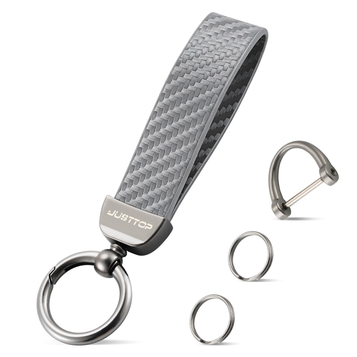 JUSTTOP Leather Keychain, Carbon Fiber Car Key Chain with Anti-Lost D-Ring and 2 Key Ring, Keychain Wristlet, Car Accessories, Universal Keychain for Men and Women (Black)
