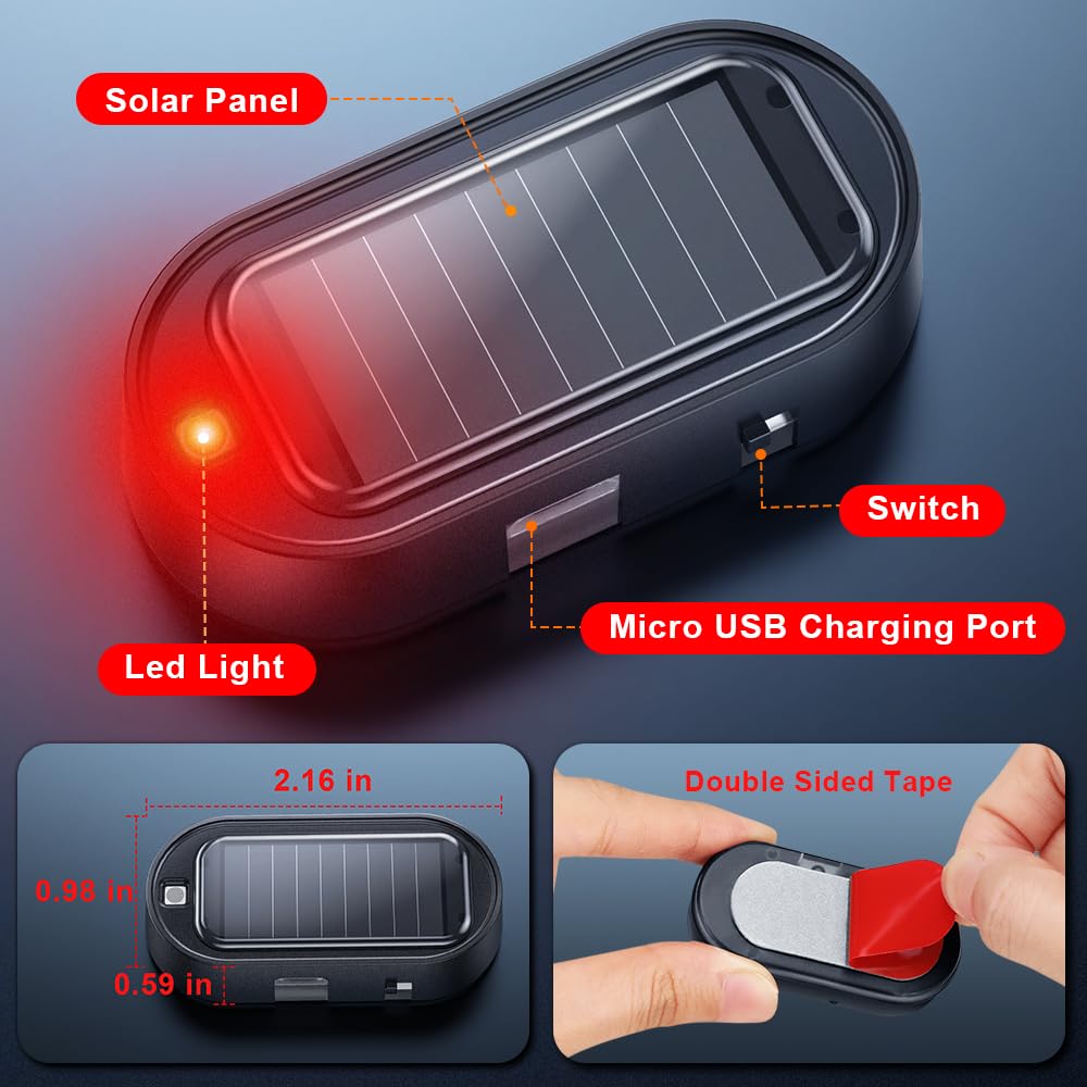 ELECTOP Car Solar Power Simulated Dummy Alarm, Anti-Theft LED Flashing Security, Automotive Warning Safety Light with USB Charging Port, 2PCS (Red)