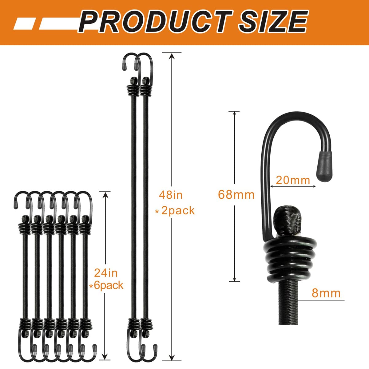 BEXSLE Bungee Cords with Hooks, Heavy Duty Outdoor Elastic Bungee Straps，No Odour Industrial Grade Bungee Rope for Securing Tarps, Luggage, Tents, Bikes or Garden Tidying 24inch 4Pcs (Black)