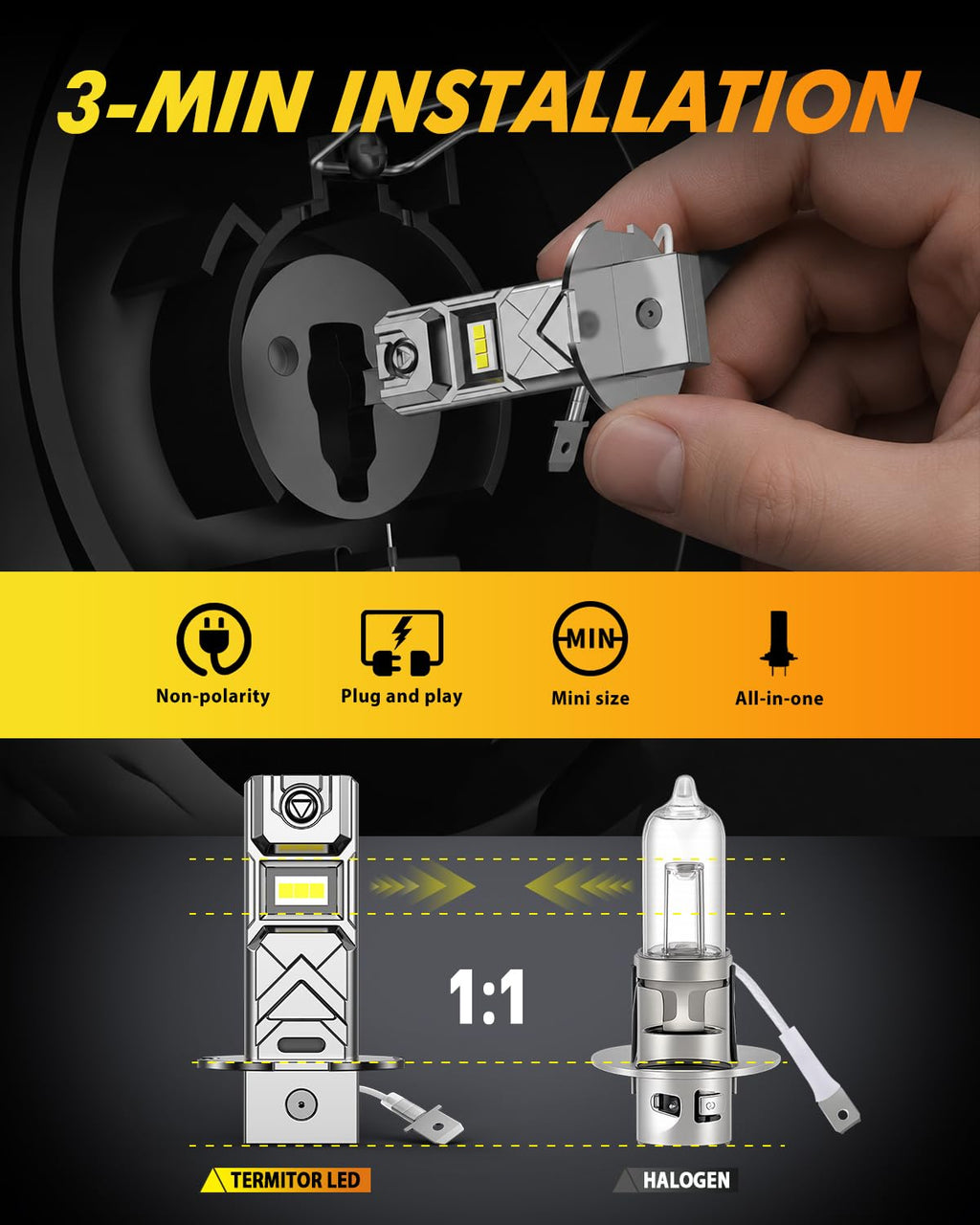 Termitor 9007/HB5 Light Bulbs, 90000LM 1500% Brightness, 70K+ Hours Lifespan, 6500K Cool White, 98%+ Vehicle Compatibility, Canbus Ready System, No Adapter Required, Plug N Play, Pack of 2