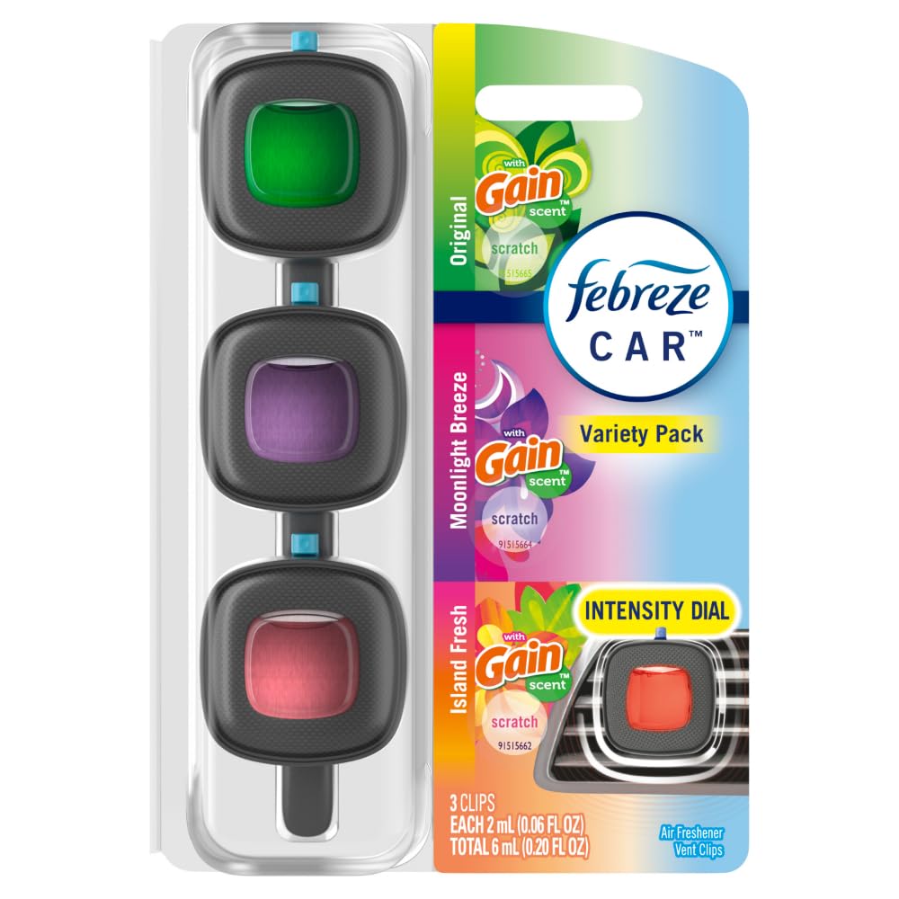 Febreze Car Air Freshener Vent Clip Gain Moonlight Breeze Scent, .07 oz. Car Vent Clip, Pack of 3 and Stay-Fresh Storage Case