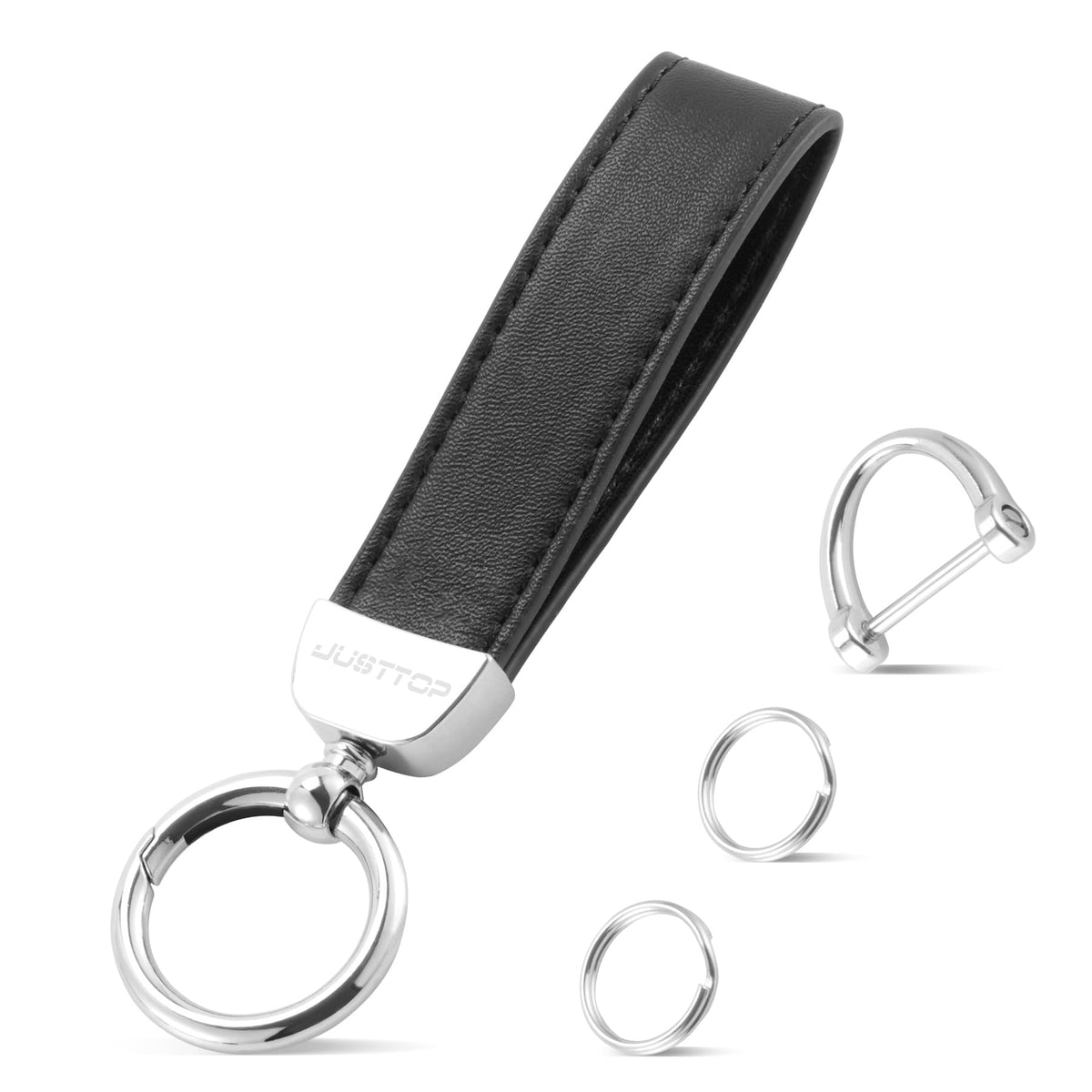 JUSTTOP Leather Keychain, Carbon Fiber Car Key Chain with Anti-Lost D-Ring and 2 Key Ring, Keychain Wristlet, Car Accessories, Universal Keychain for Men and Women (Black)