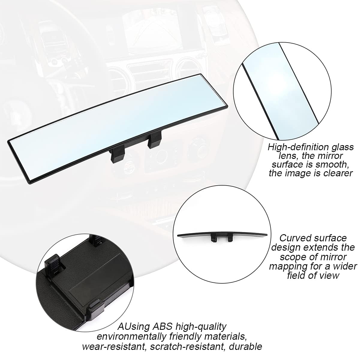 8sanlione 12 Inch Panoramic Car Rearview Mirror, White