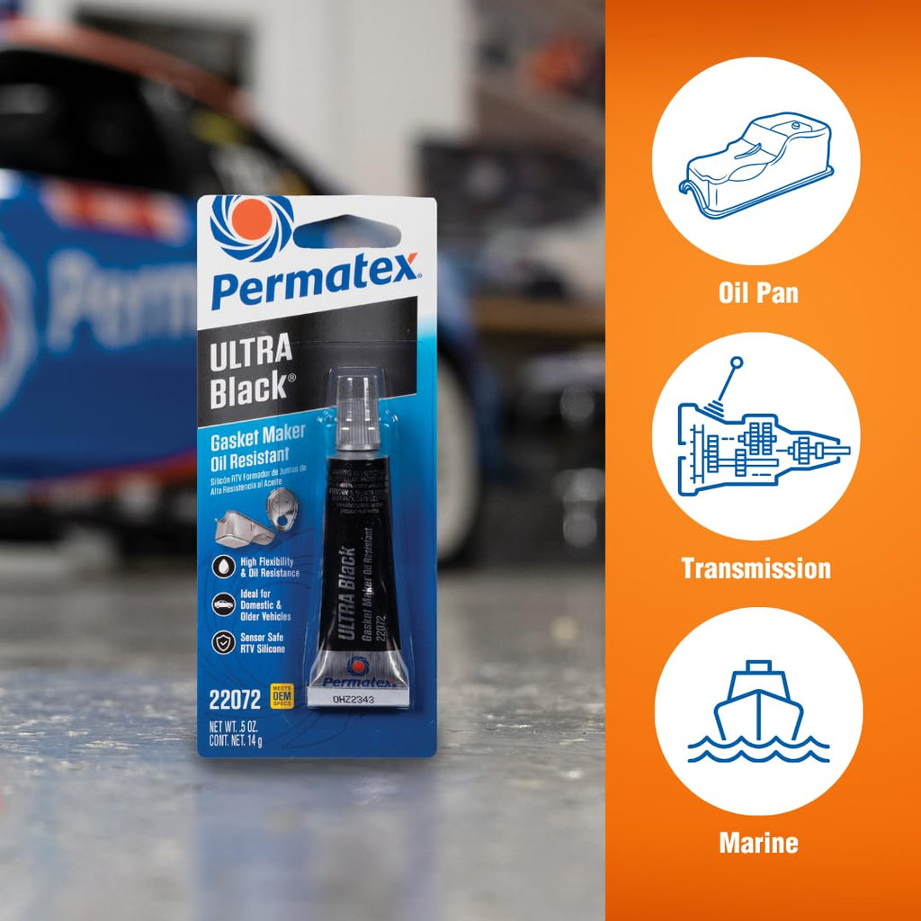 Permatex 82180 Ultra Black Maximum Oil Resistance RTV Silicone Gasket Maker, Sensor Safe and Non-Corrosive, for High Flex and Oil Resistant Applications 3 oz