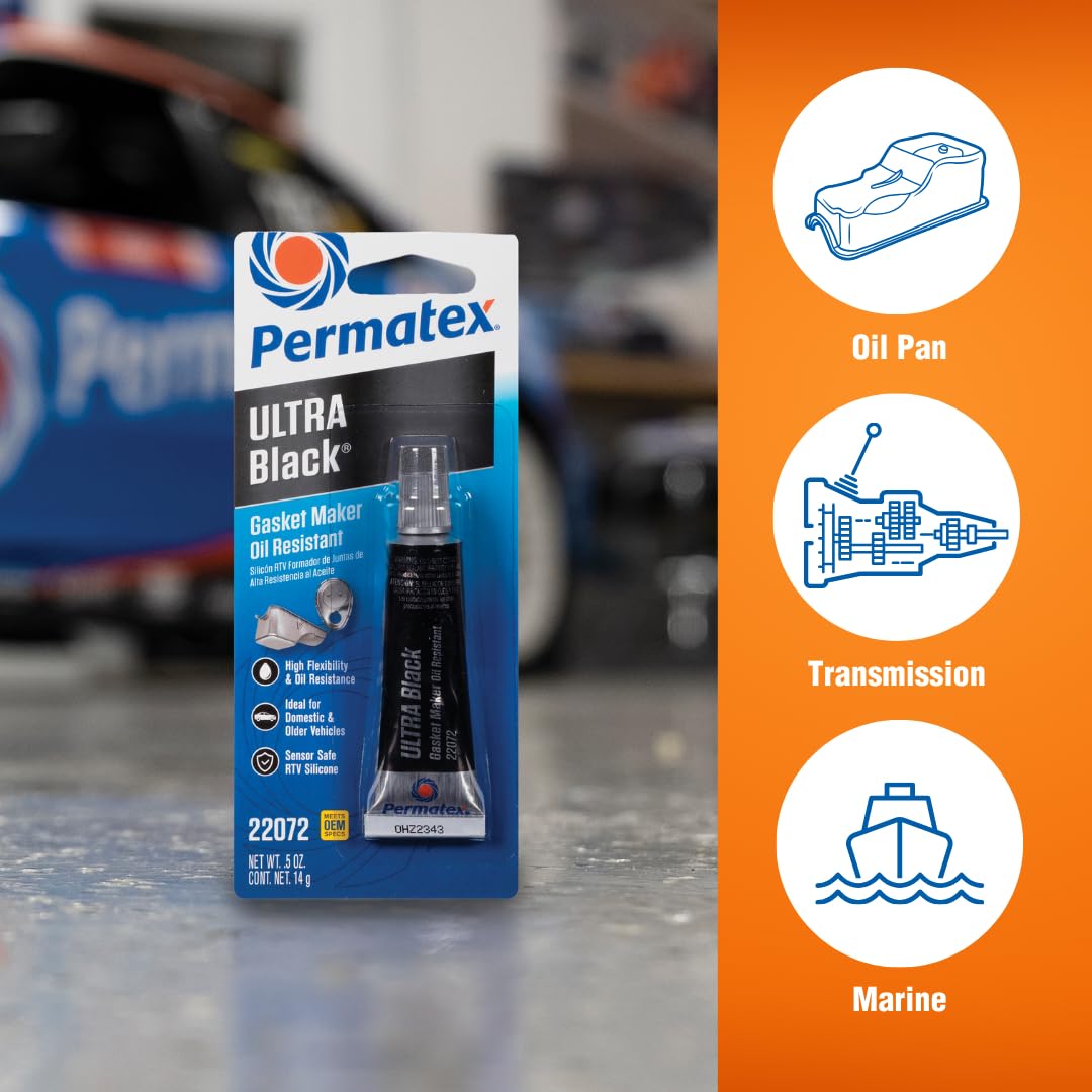 Permatex 82180 Ultra Black Maximum Oil Resistance RTV Silicone Gasket Maker, Sensor Safe and Non-Corrosive, for High Flex and Oil Resistant Applications 3 oz