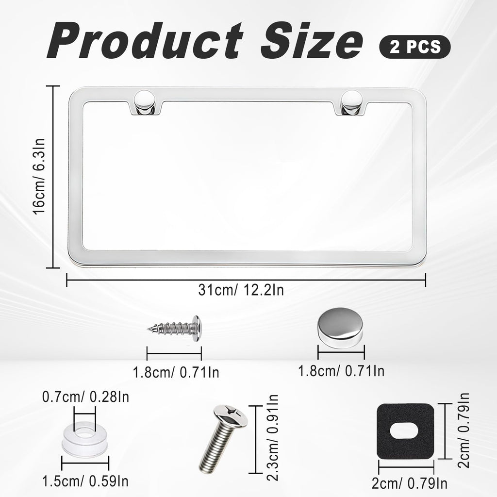 2 Pack Black License Plate Frames - Heavy Duty Stainless Steel Car License Plate Frame with 4 Holes, Rattle Proof Rustproof with Mounting Screws & Caps for Front Rear Cars
