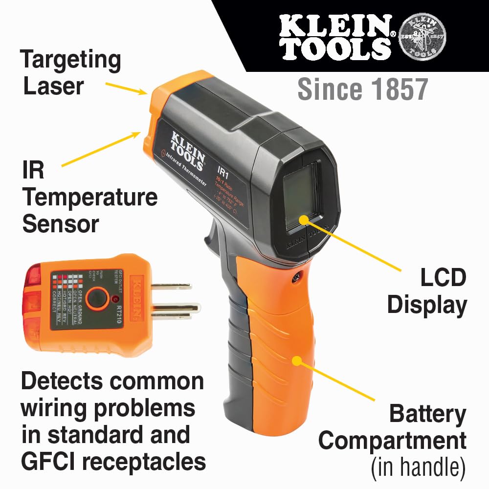Klein Tools IR1 Infrared Thermometer with Targeting Laser, Auto-Hold, More