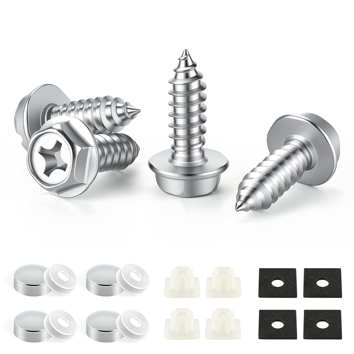 LivTee Rustproof License Plate Screws for Securing License Plates Frames and Covers on Cars and Trucks, 4 Sets Premium Stainless Steel Self Tapping Mounting Bolts (Black Zinc Plated)