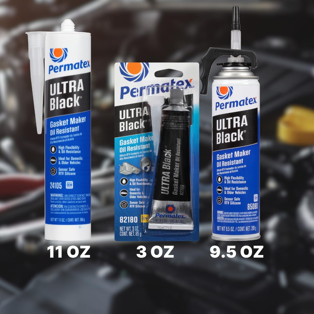 Permatex 82180 Ultra Black Maximum Oil Resistance RTV Silicone Gasket Maker, Sensor Safe and Non-Corrosive, for High Flex and Oil Resistant Applications 3 oz