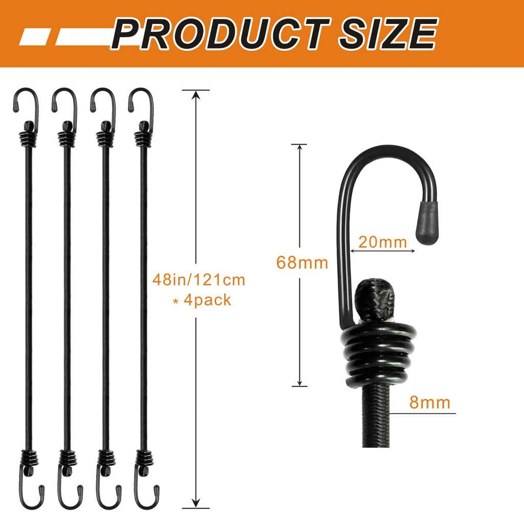 BEXSLE Bungee Cords with Hooks, Heavy Duty Outdoor Elastic Bungee Straps，No Odour Industrial Grade Bungee Rope for Securing Tarps, Luggage, Tents, Bikes or Garden Tidying 24inch 4Pcs (Black)
