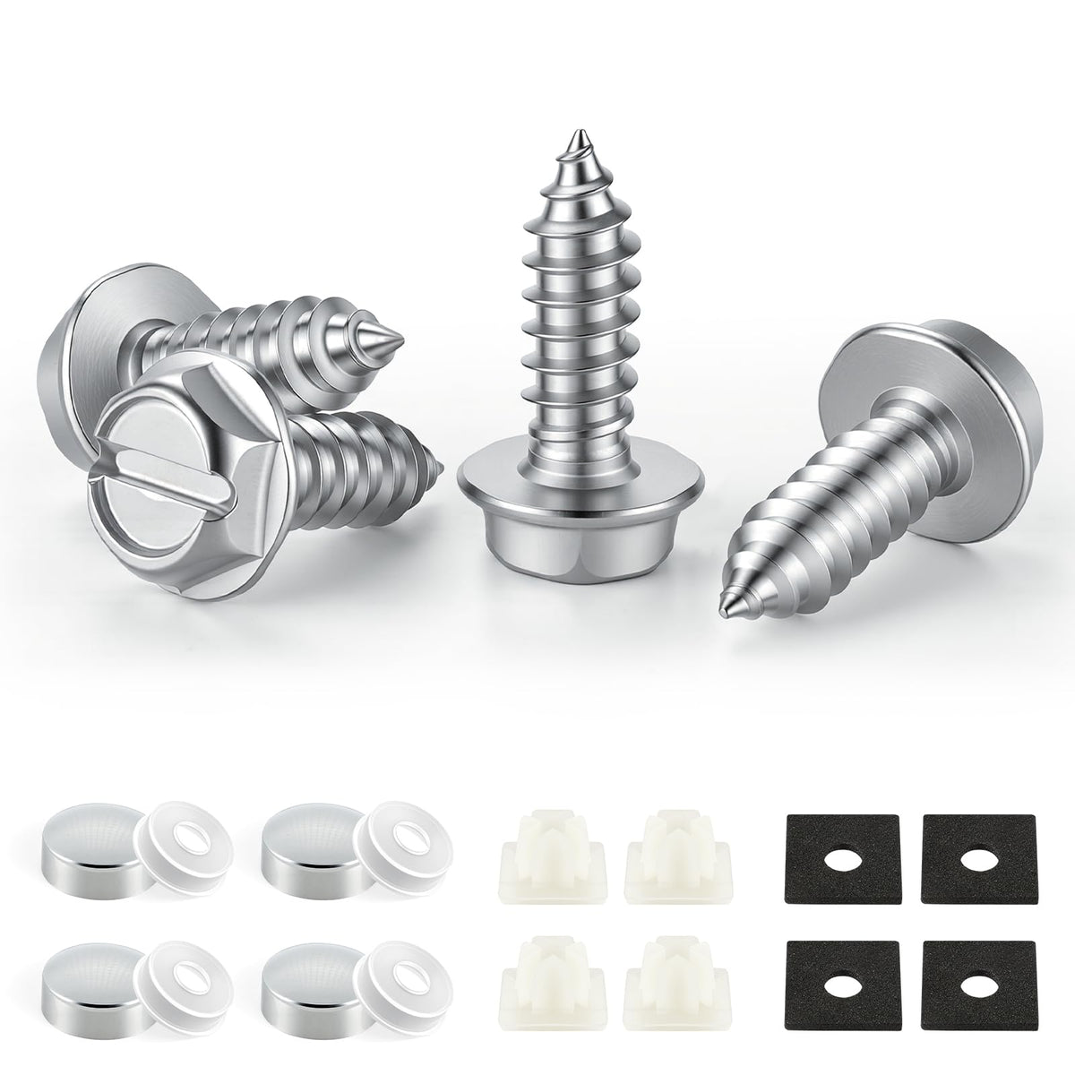 LivTee Rustproof License Plate Screws for Securing License Plates Frames and Covers on Cars and Trucks, 4 Sets Premium Stainless Steel Self Tapping Mounting Bolts (Black Zinc Plated)