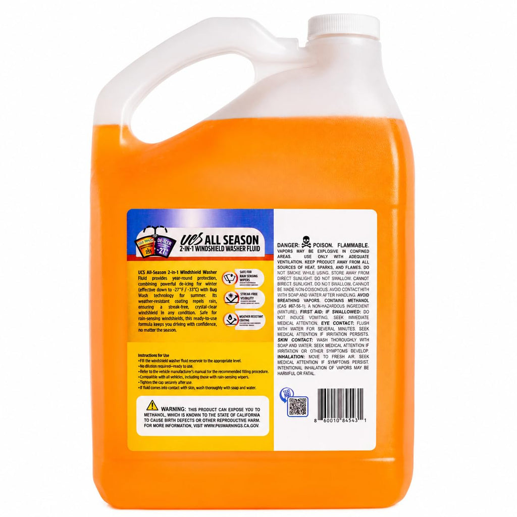 UCS Windshield Washer Fluid 2-in-1 Bug Remover, 1 Gallon (128 fl oz) | Ready-to-Use Formula Removes Bugs, Dirt & Road Grime for Clear, Streak-Free Glass – Methanol-Free