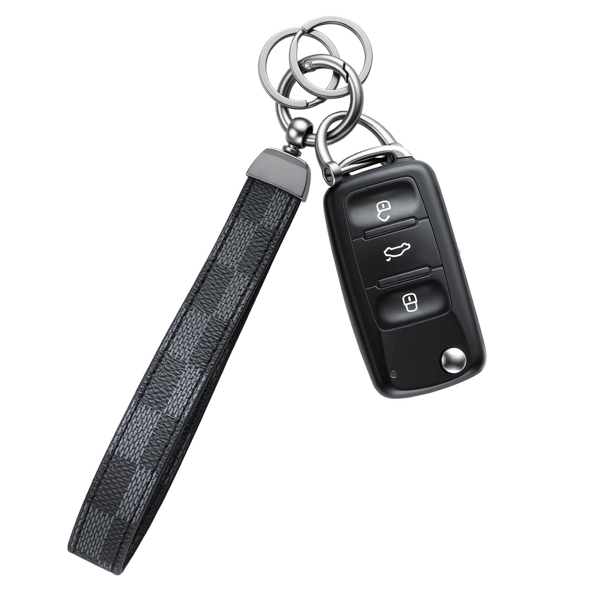 JUSTTOP Leather Keychain, Carbon Fiber Car Key Chain with Anti-Lost D-Ring and 2 Key Ring, Keychain Wristlet, Car Accessories, Universal Keychain for Men and Women (Black)