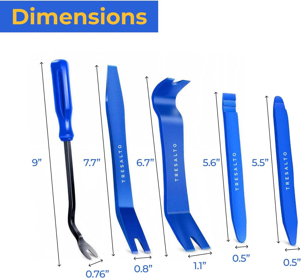 Tresalto Auto Trim Removal Tool Kit - 5 Piece set for Dash, Door Panel, Clip Remover - Scratch-Resist Nylon Pry Tools for Interior Car Trims Work - Panel Prying Tools Included - Blue
