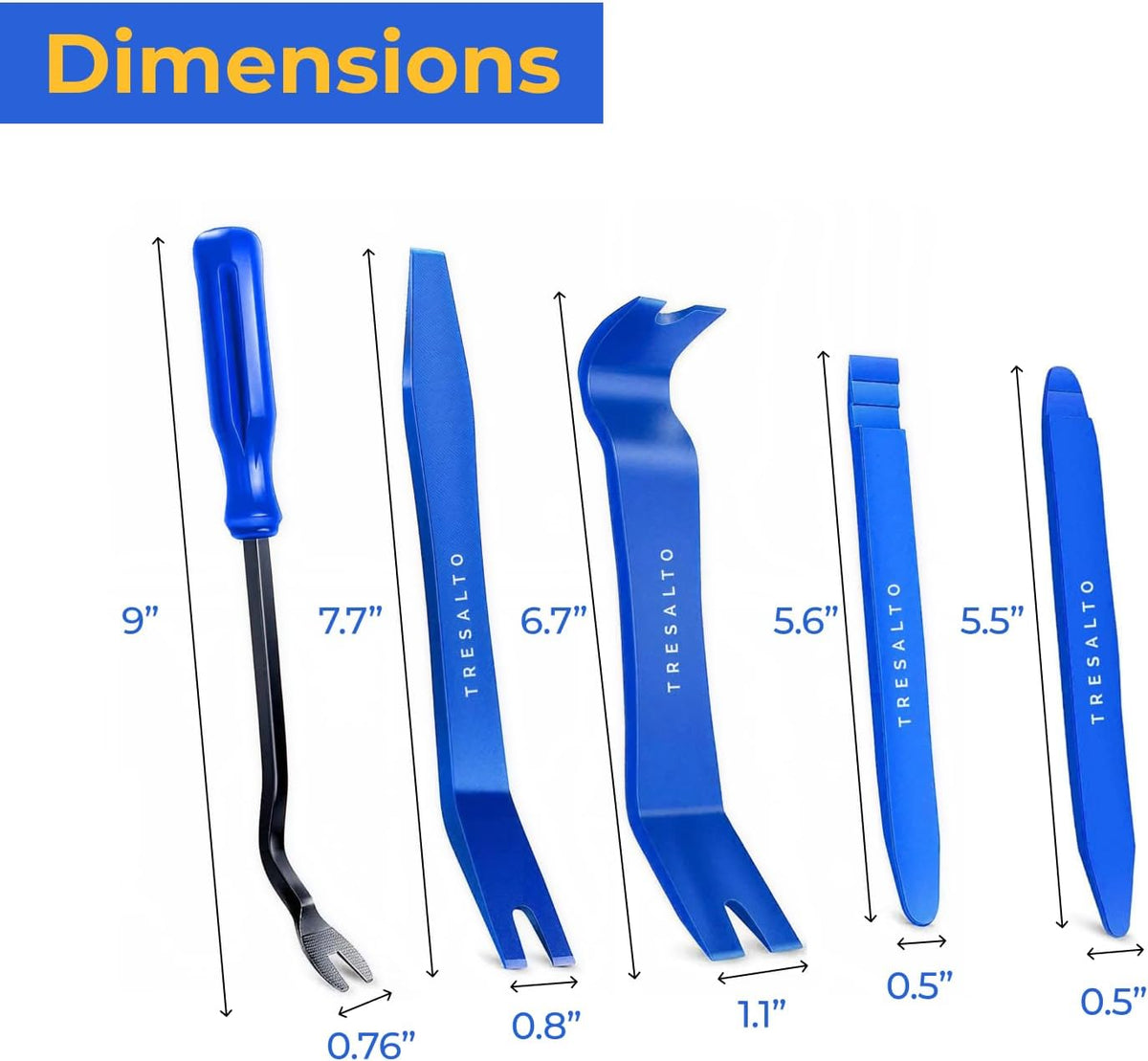 Tresalto Auto Trim Removal Tool Kit - 5 Piece set for Dash, Door Panel, Clip Remover - Scratch-Resist Nylon Pry Tools for Interior Car Trims Work - Panel Prying Tools Included - Blue