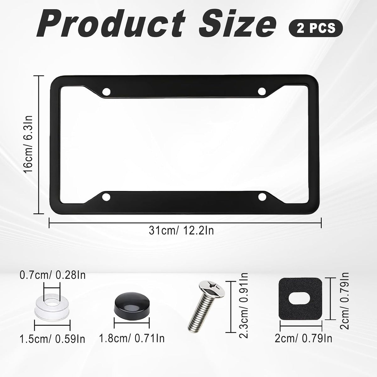 2 Pack Black License Plate Frames - Heavy Duty Stainless Steel Car License Plate Frame with 4 Holes, Rattle Proof Rustproof with Mounting Screws & Caps for Front Rear Cars