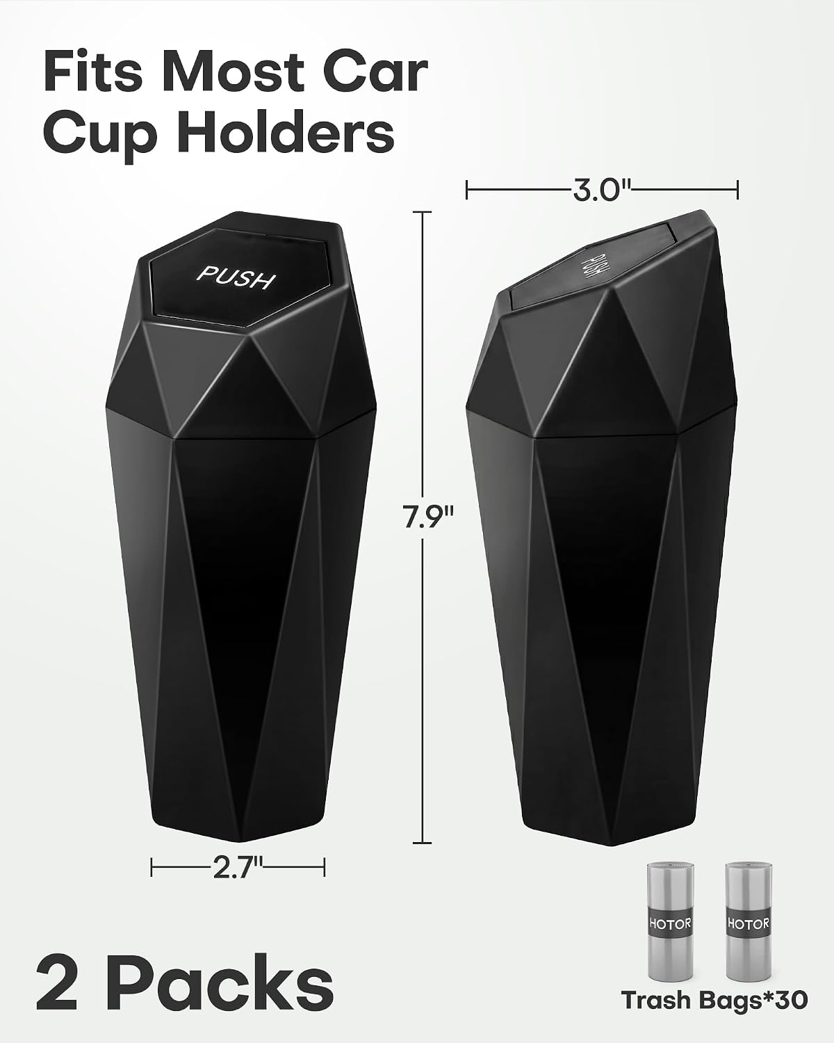 HOTOR Car Trash Can with Lid, Leakproof, Black, 2 Pack