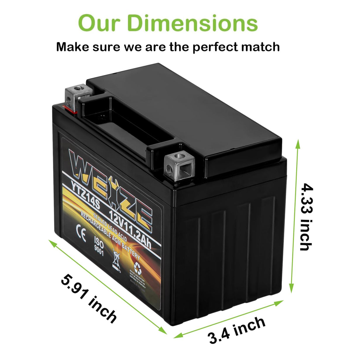 Weize YTX14 BS ATV Battery High Performance - Maintenance Free - Sealed AGM YTX14-BS Motorcycle Battery compatible with Honda Suzuki Kawasaki Yamaha scooter snowmobile