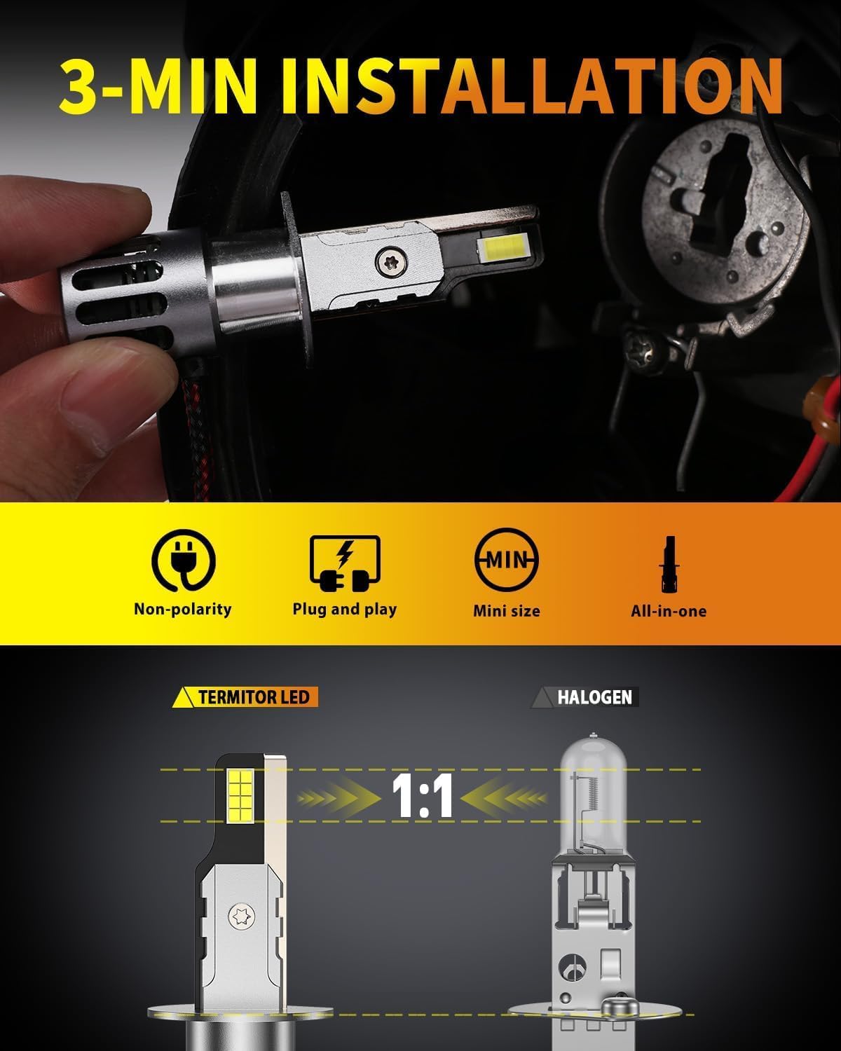Termitor Laest H4/9003 HB2 Exterior Light Bulbs for Off-road, 15X Brighter 90,000LM, 85K+ hrs, 6500K Cool White, IP68 Waterproof, 1:1 OEM Size, 3 Minute Installation, Pack of 2