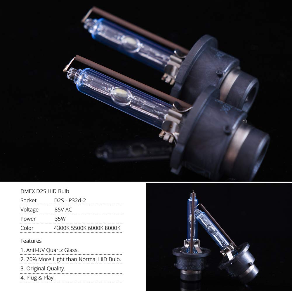 DMEX D2S HID Headlight Bulbs 6000K Cool White Xenon 35W 85122 66240 66040 66240CBI Replacement - Pack of 2 (Not fit Halogen Headlamp)