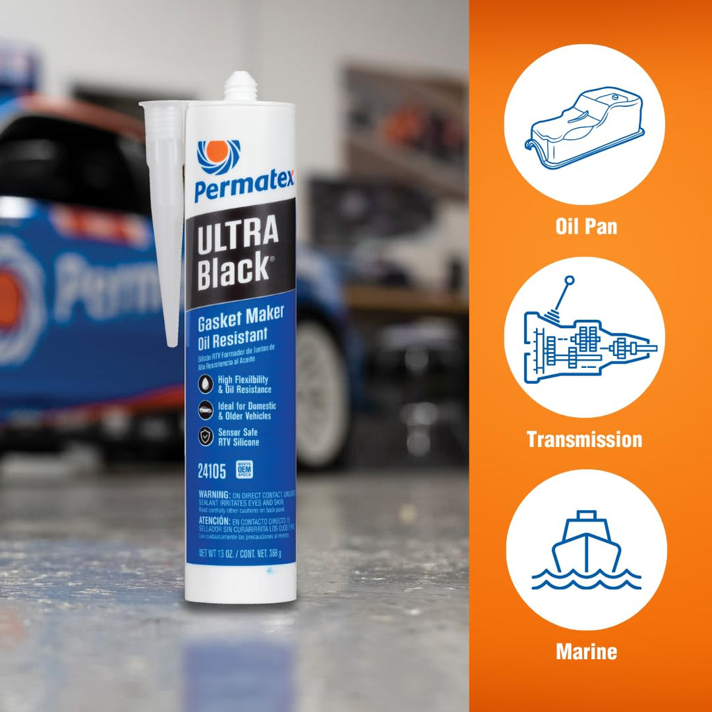 Permatex 82180 Ultra Black Maximum Oil Resistance RTV Silicone Gasket Maker, Sensor Safe and Non-Corrosive, for High Flex and Oil Resistant Applications 3 oz