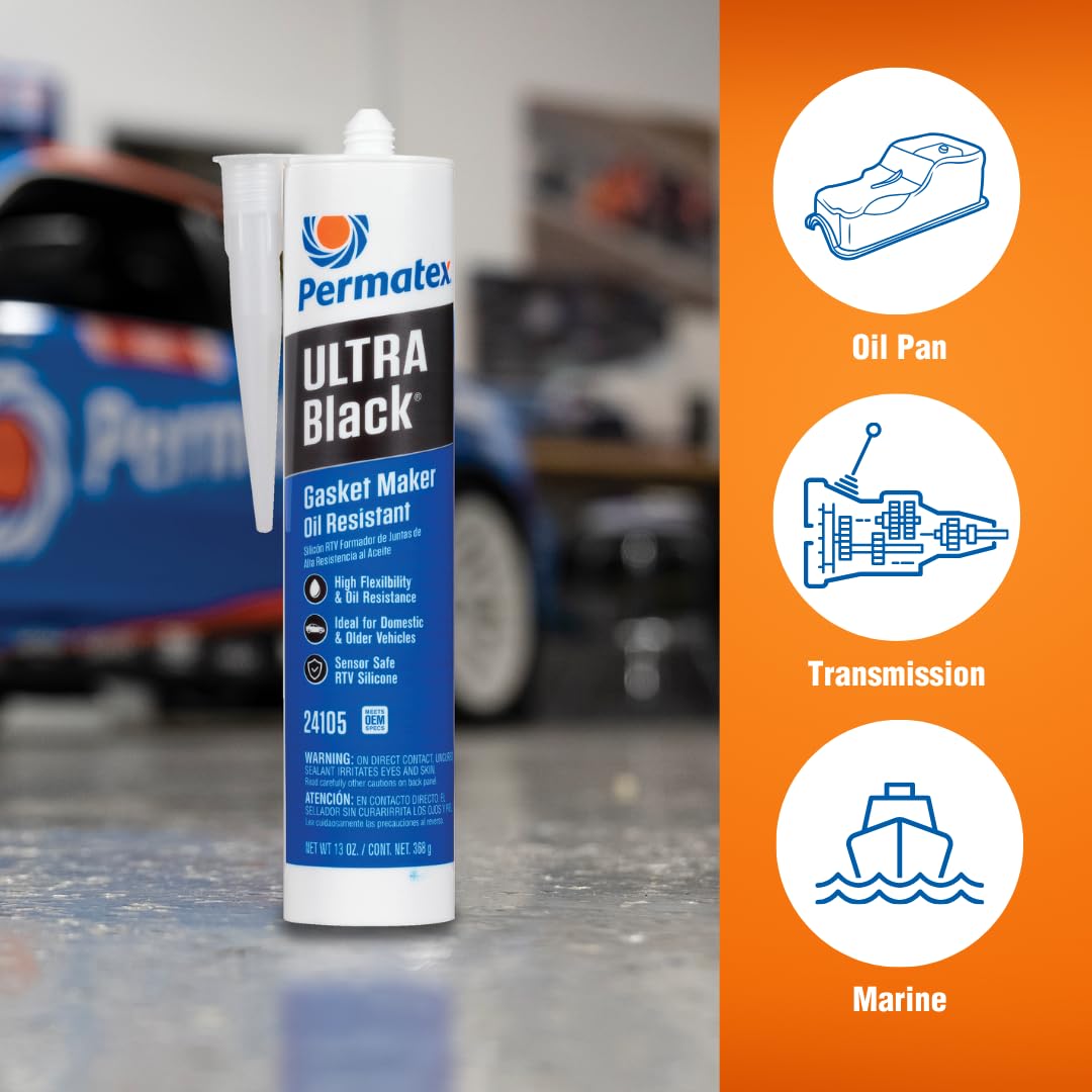 Permatex 82180 Ultra Black Maximum Oil Resistance RTV Silicone Gasket Maker, Sensor Safe and Non-Corrosive, for High Flex and Oil Resistant Applications 3 oz
