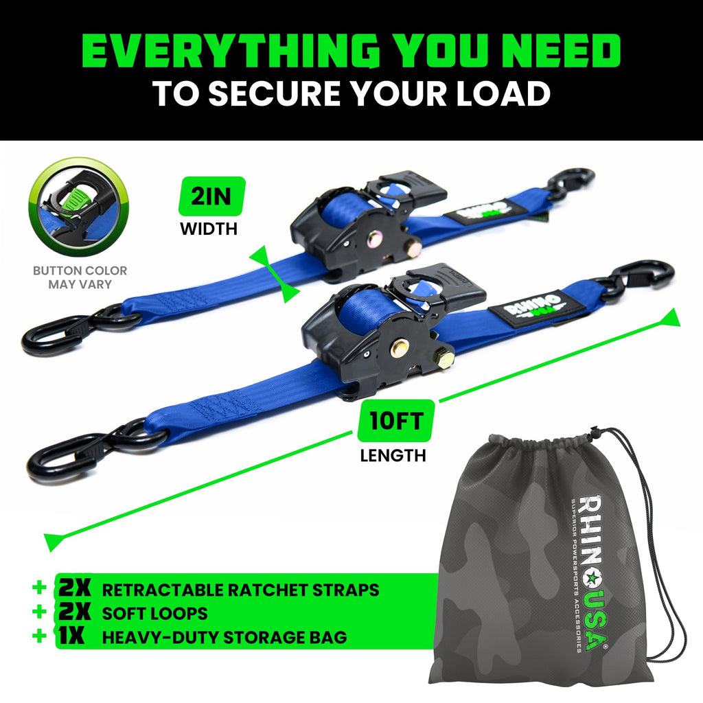 Rhino USA Retractable Ratchet Straps (2-Pack) - 2in x 10ft, 3,033lb, Black