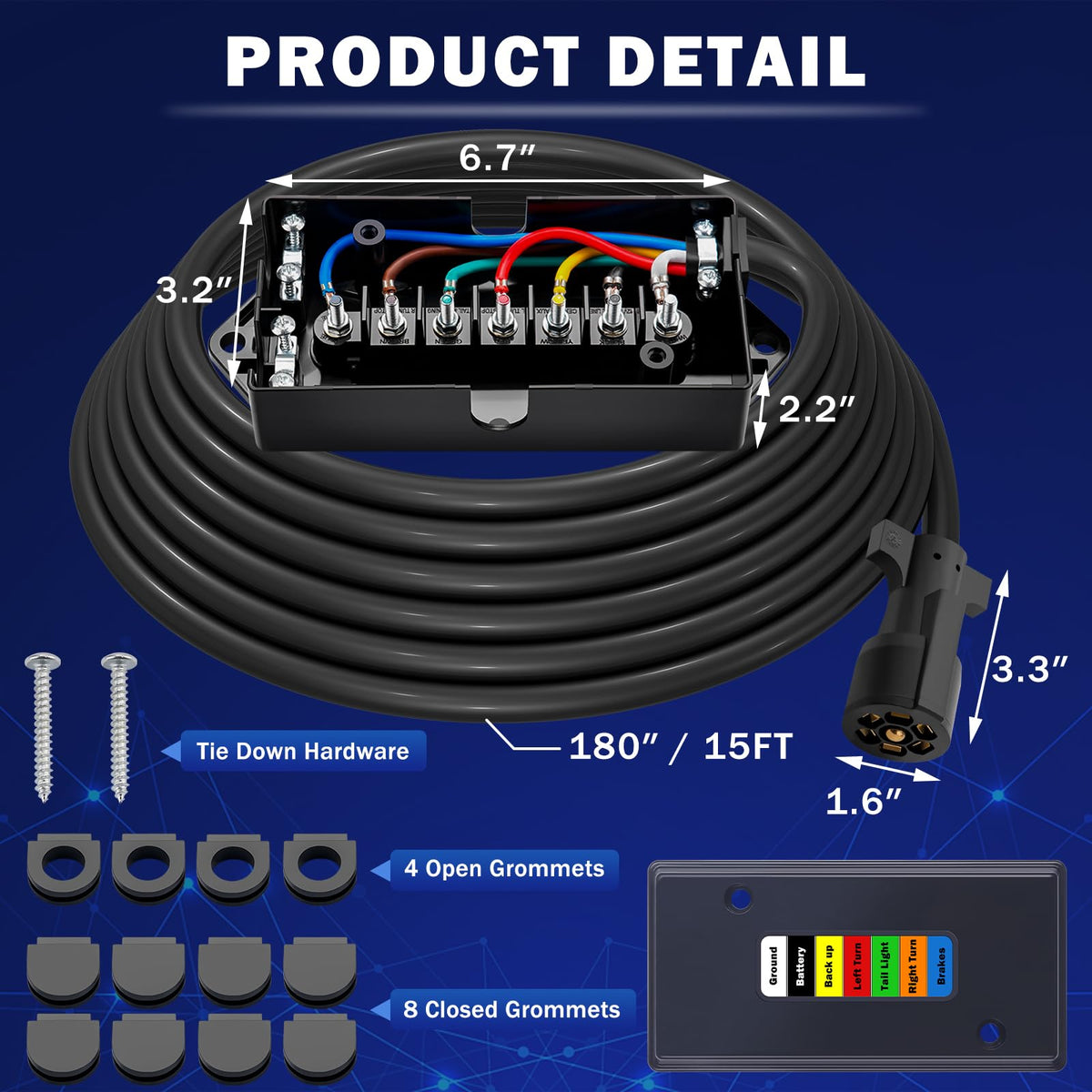 CheeMuii 8FT 7 Way Trailer Wiring Harness Kit & Junction Box 7 Trailer Cord