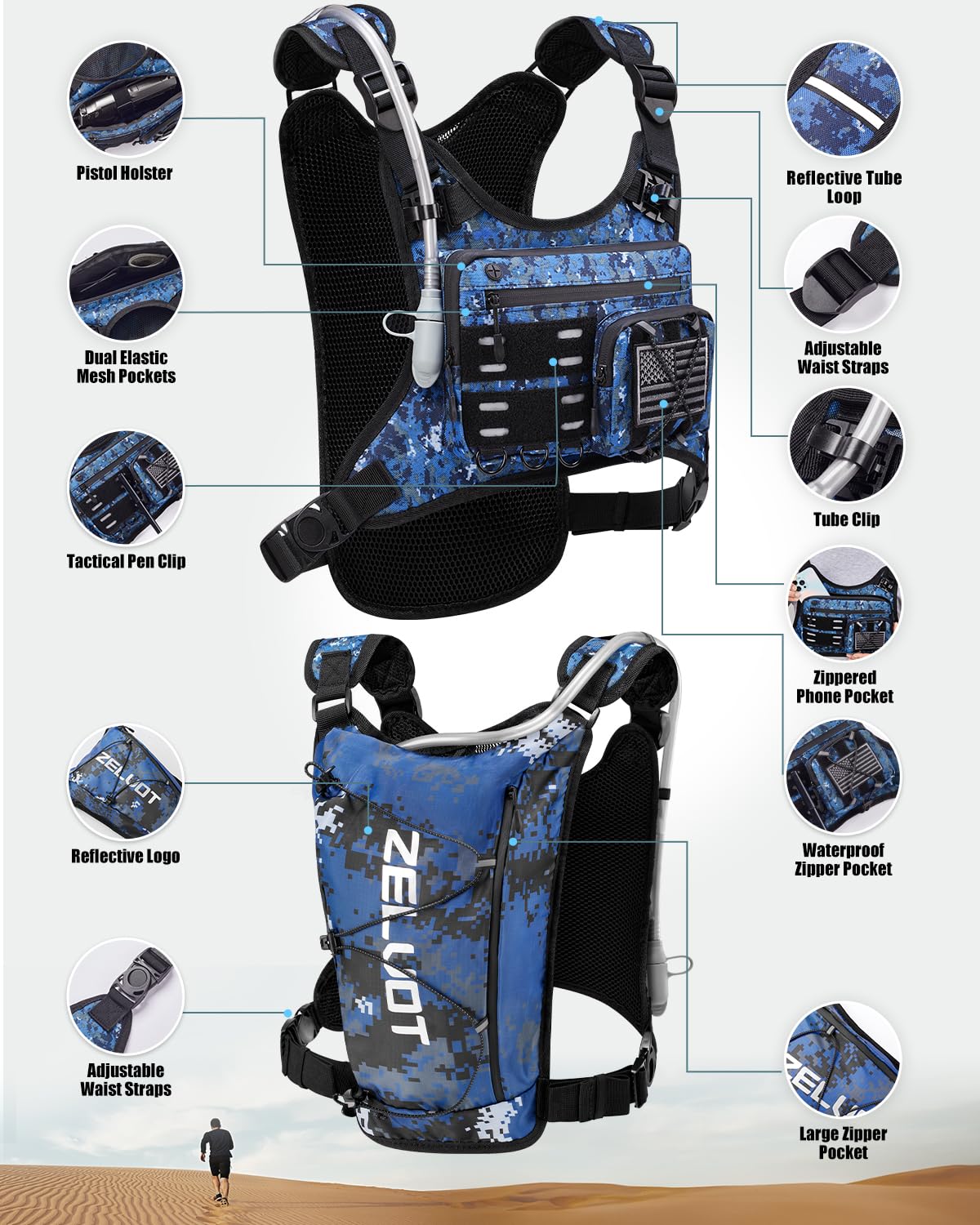 Zelvot Running Vest with 2L Water Bladder, Hydration Backpack, U.S. Design Patent, Lightweight Hydration Pack with Gear Holder, Reflective Chest Pack for Men Women