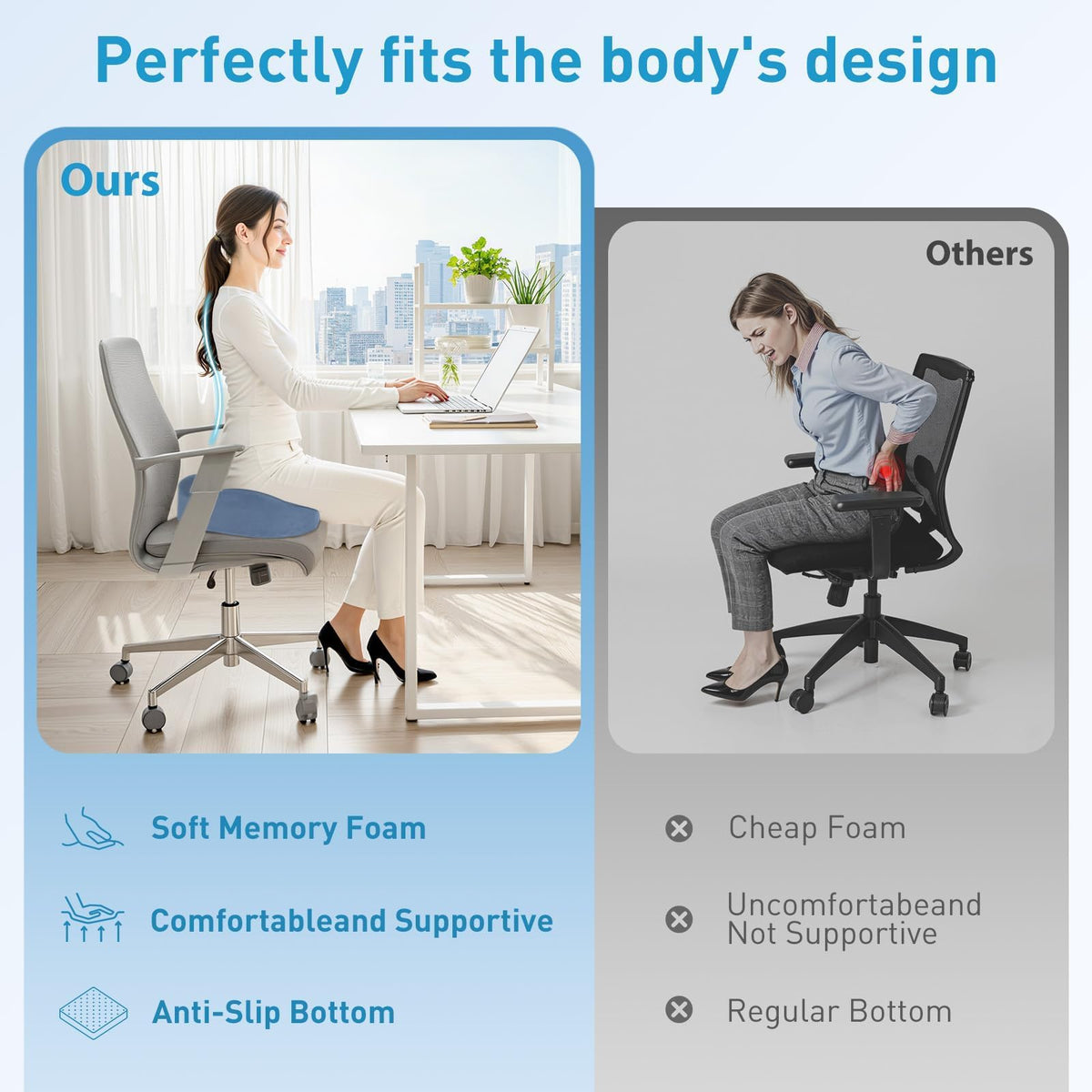 BlissTrends Memory Foam Seat Cushion for Office Chair & Car Seat, Black