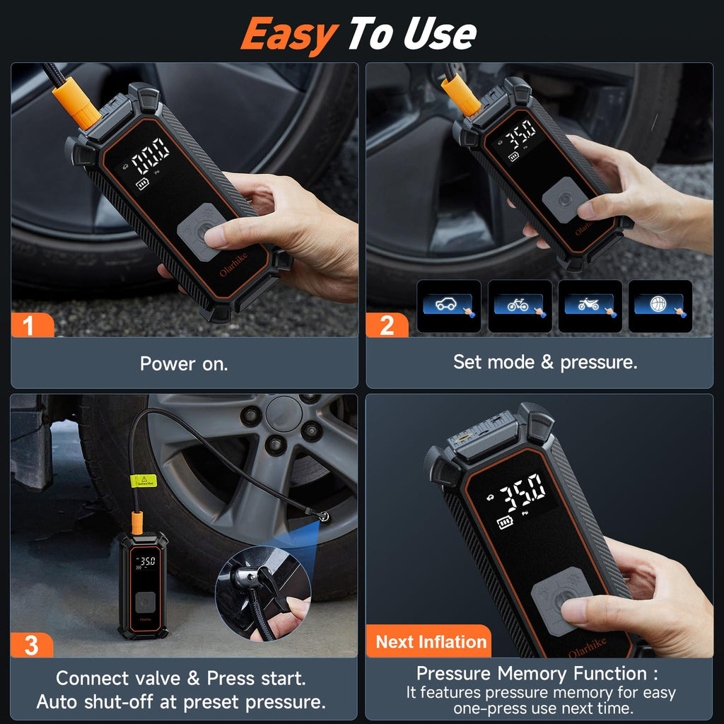 OlarHike Tire Inflator Portable Air Compressor,Dual Power-3*2000mAh &12V DC