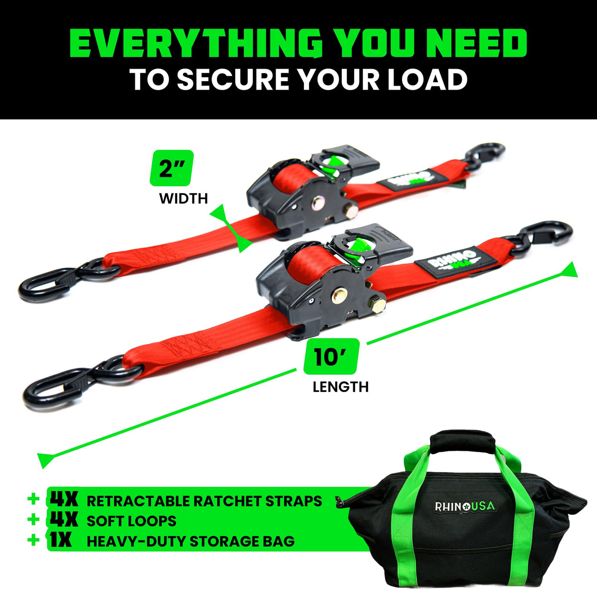 Rhino USA Retractable Ratchet Straps (2-Pack) - 2in x 10ft, 3,033lb, Black