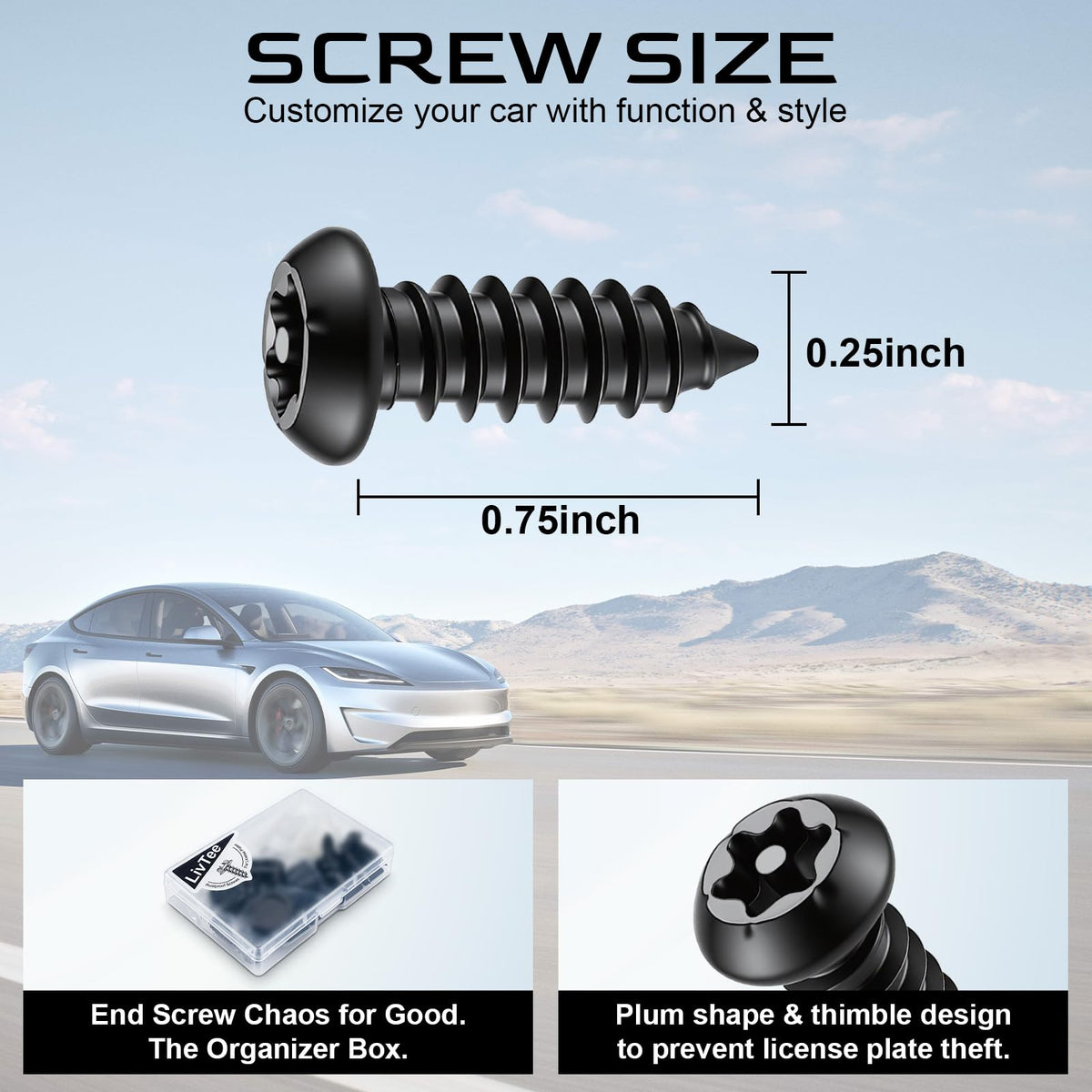 LivTee Rustproof License Plate Screws for Securing License Plates Frames and Covers on Cars and Trucks, 4 Sets Premium Stainless Steel Self Tapping Mounting Bolts (Black Zinc Plated)