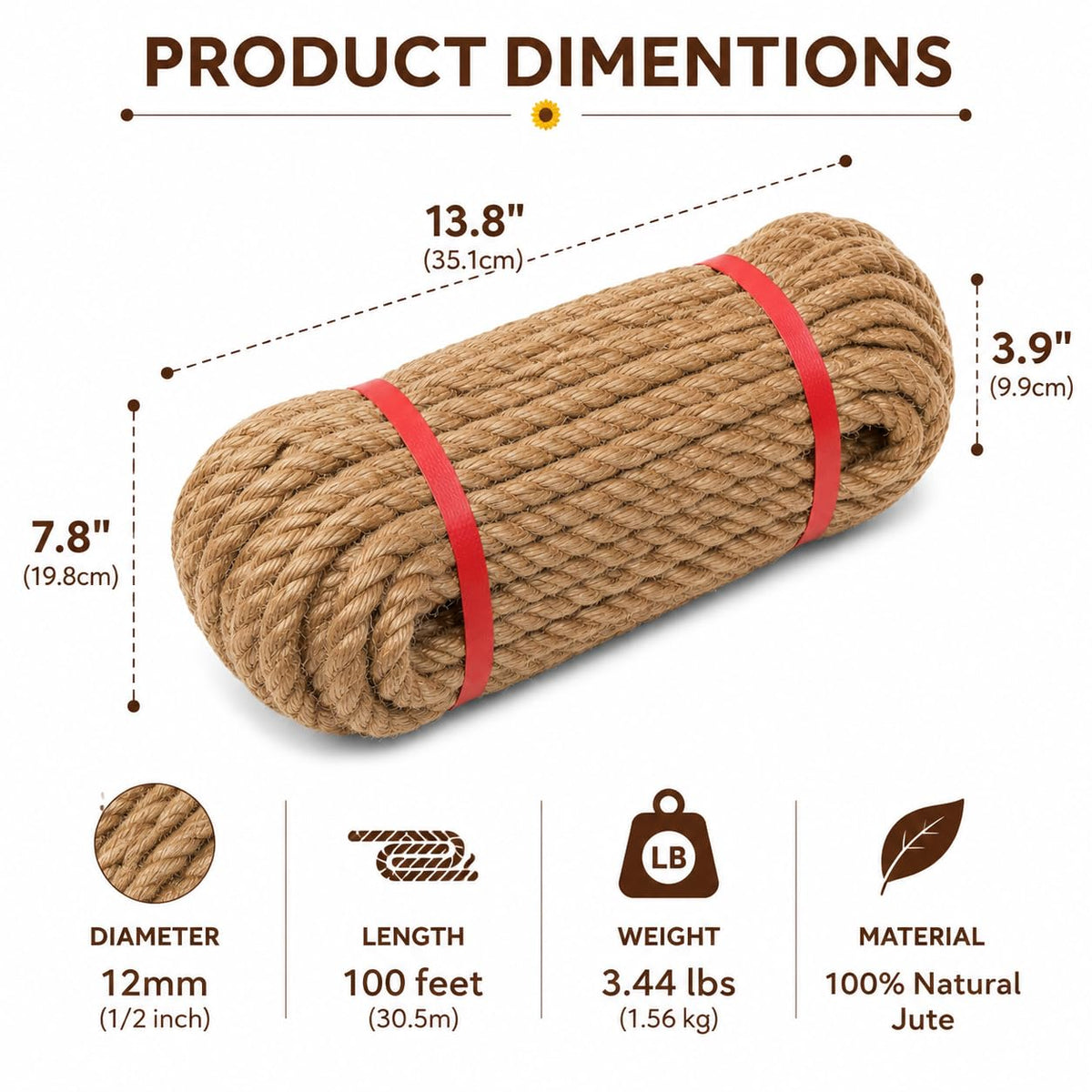 Natural Jute Twine, 8MM x 50FT Jute Rope Roll, Heavy Duty Thick Twine for Cat Scratching Post, Bundling, Gardening and DIY Crafts