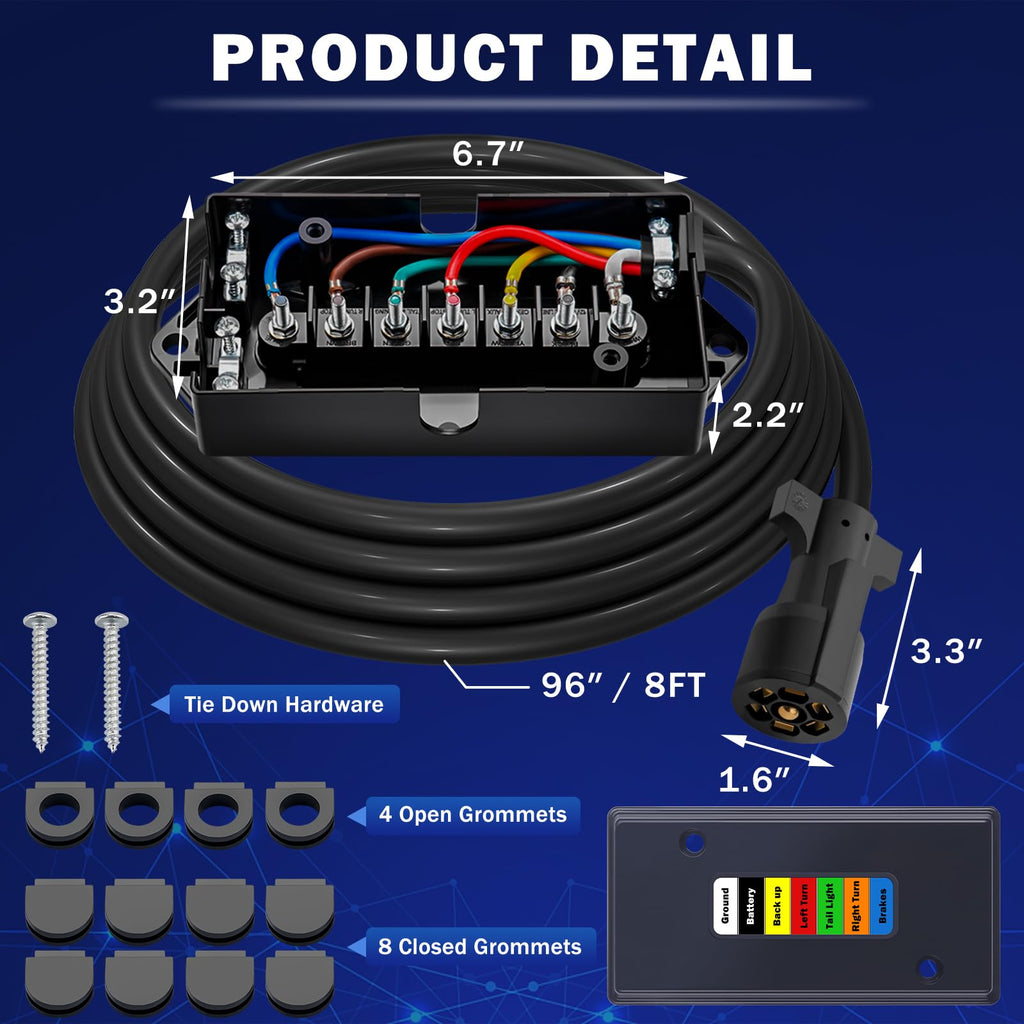 CheeMuii 8FT 7 Way Trailer Wiring Harness Kit & Junction Box 7 Trailer Cord